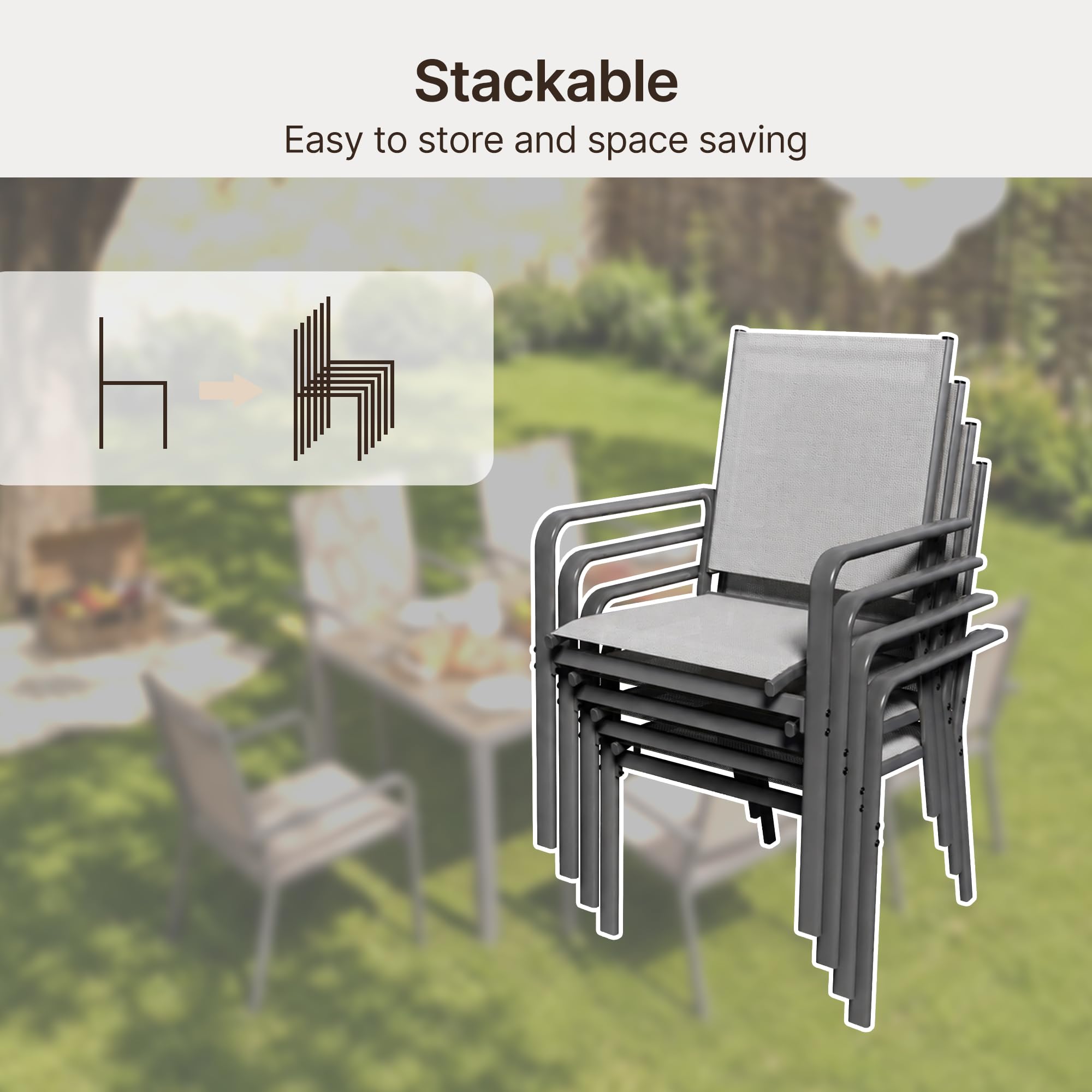 Xbro Gartenmöbel Set 6 Personen, 7-teiliges Gartenmöbel Set 6 Stühle mit Tisch, Gartentisch mit Stühlen Set, Terrassenmöbel Wetterfest, Stapelbare Textilene Gartenstühle für Garten, Balkon