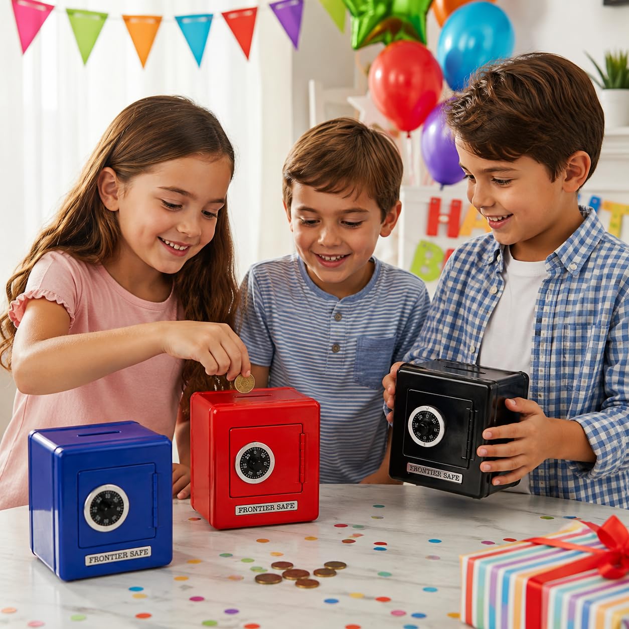 The Dreidel Company Caja fuerte de metal con cerradura de combinación, hucha de frontera segura para niños, forma divertida y segura de