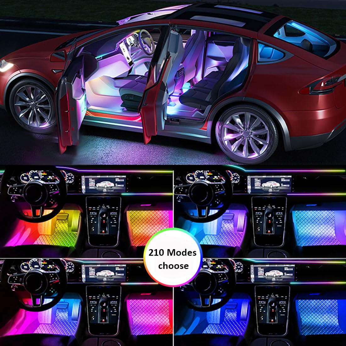 Striscia LED interna per auto con controllo tramite app,Kit di illuminazione ambientale al neon RGB 6 in 1,Striscia LED sotto il cruscotto e nel vano piedi con sincronizzazione musicale
