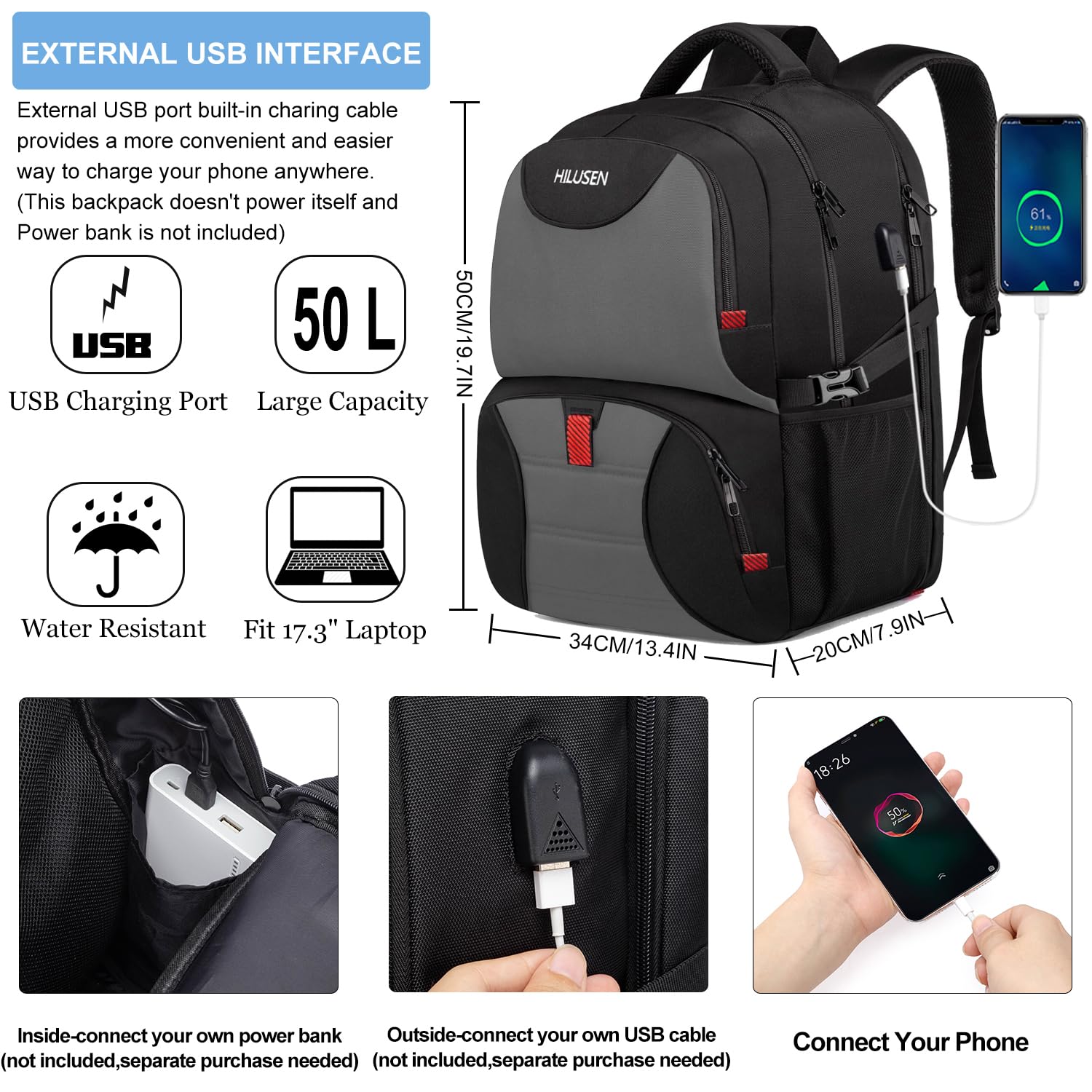 HILUSEN Zaino Porta PC 17.3 Pollici Uomo Grande 50L Impermeabile Pranzo Zaino Lavoro con Caricatore USB Zaino Laptop Computer Notebook Zaini per PC Portatili Viaggio Ufficio Scuola Università-Grigio