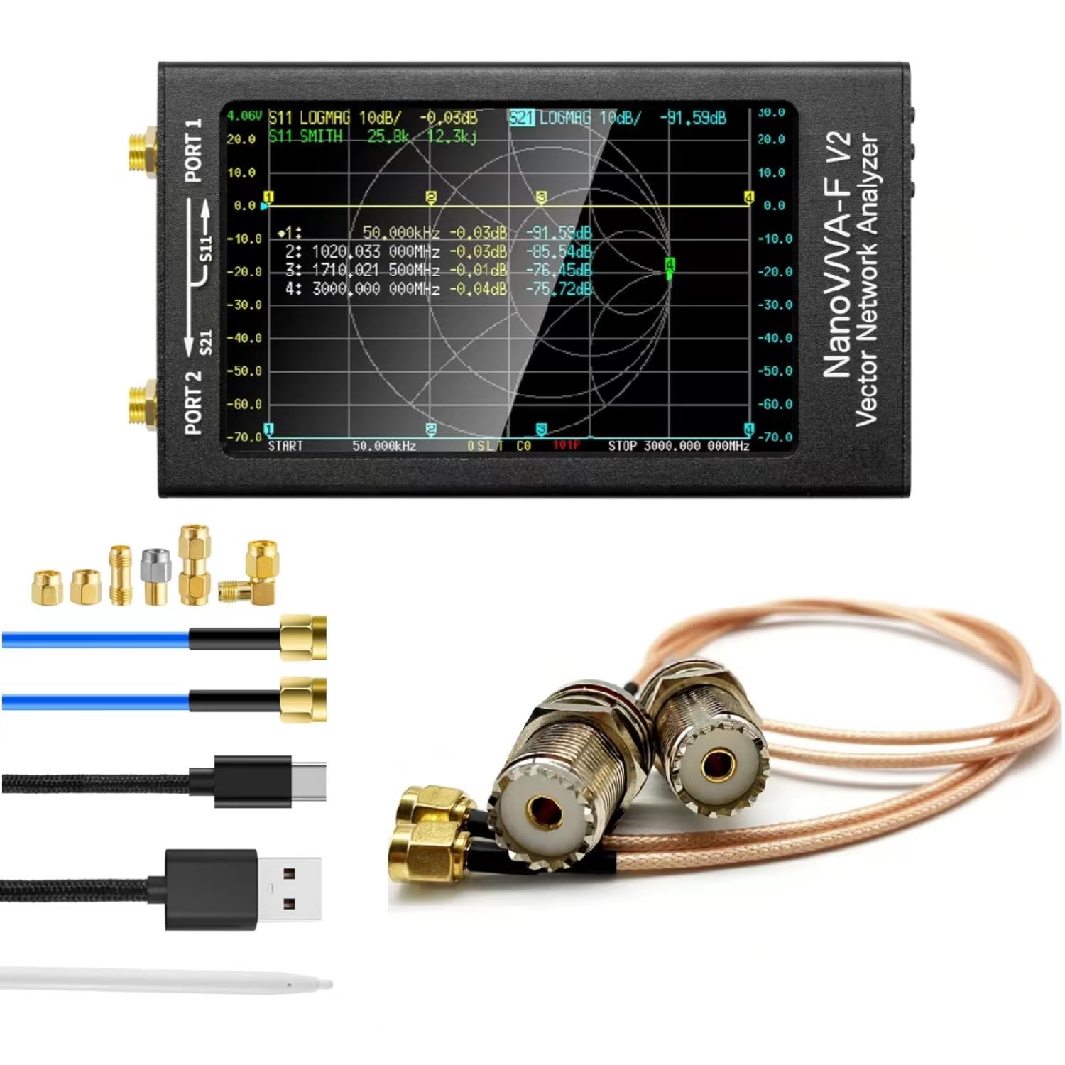 AURSINC NanoVNA-F V2 Vector Network Analyzer 50KHz-3GHz Antenna Analyzer 4.3inch Screen + Handheld Antenna Cable - RF Coax SMA Male to UHF Female SO-239 Cable * 2-Pack for RF Applications