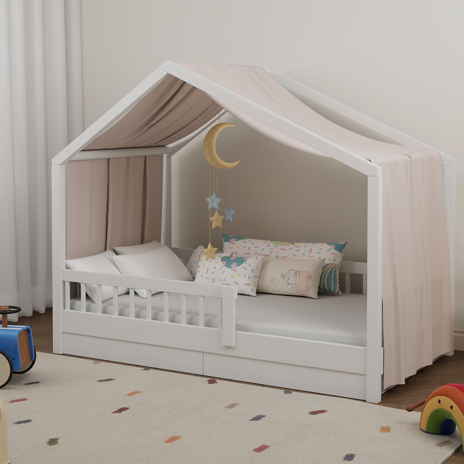 Pacok House Bed Canopy in 5 Colours, Bed Canopy House Bed Made of Soft Cotton Fabric - Fabric Canopy for House Bed Decoration, House Bed Curtain Girls Boys, Canopy for House Bed - 145 x 420 cm (Cream)
