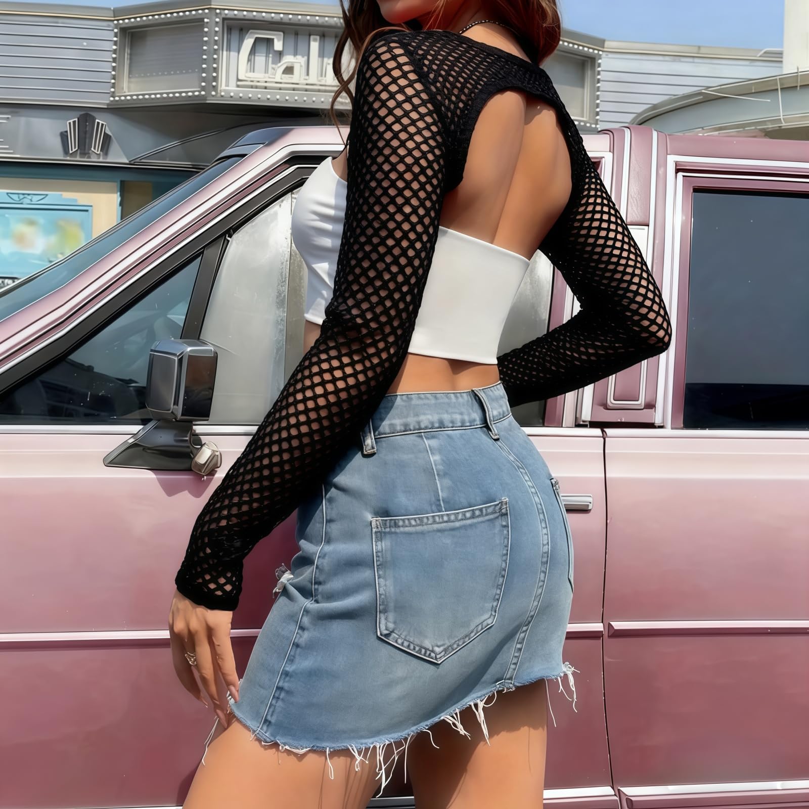 DUOYIJIN Mesh Fishnet Tops for Women Long Sleeve Shrug Fishnet Novelty Crop Tops Y2K Clubwear Ladies Disco Retro Outfit 1980s Costume Black - Image 2