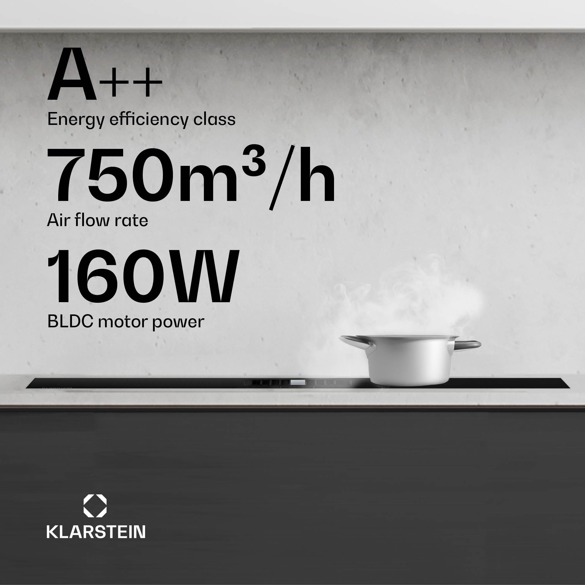 Klarstein AirJet Płyta indukcyjna z okapem - 12 kW, Boost 750 m³/h, Klasa energetyczna A++, 9 stopni, Panel dotykowy, Cicha 58 dB, Bridge-Connect, Aluminium i filtr węglowy, Czarna