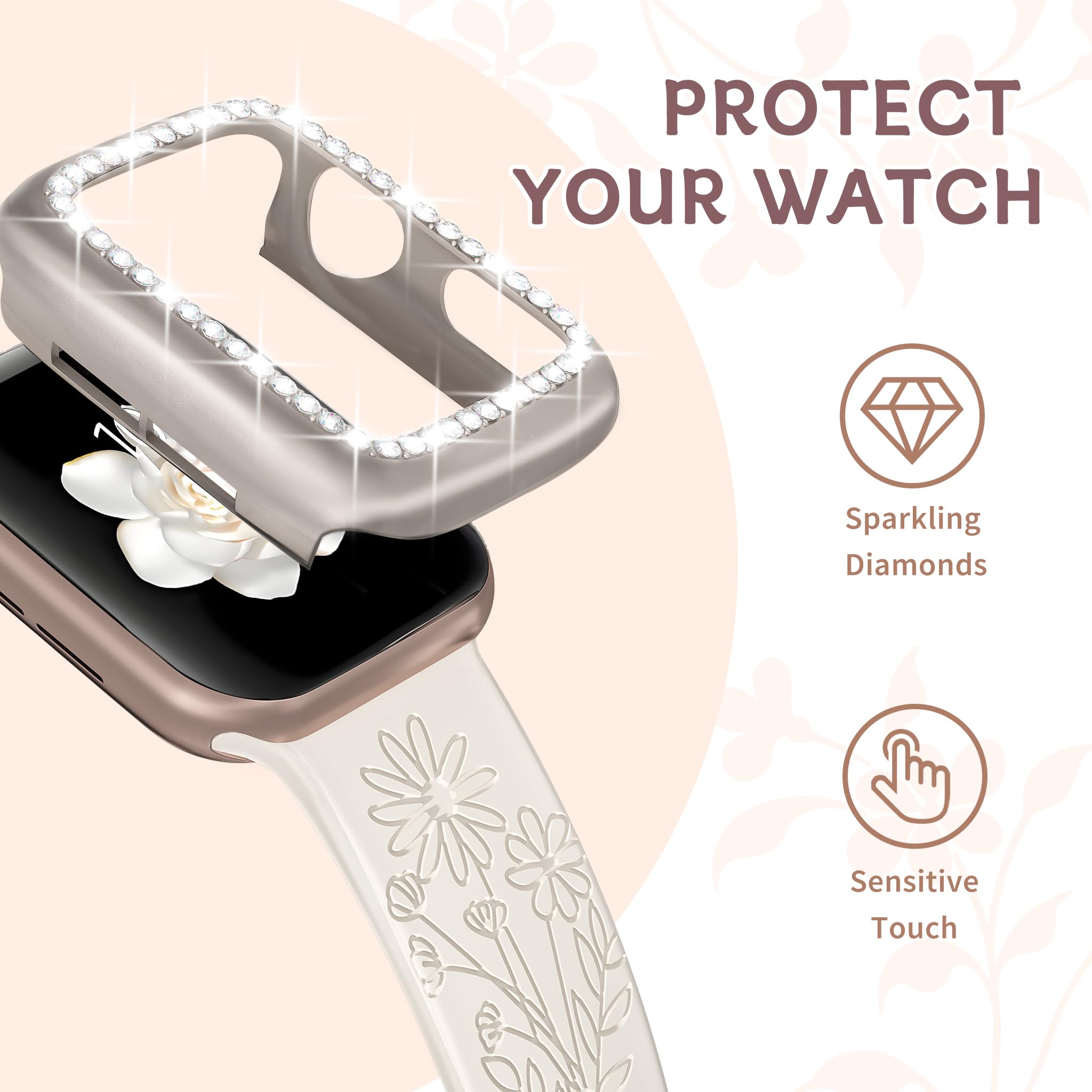 Correa grabada + dijes + funda para Apple Watch Band de 38 mm, 40 mm, 41 mm, 42 mm, 44 mm, 45 mm, para mujer, correas deportivas de silicona suave con diseño de flores con parachoques protector con