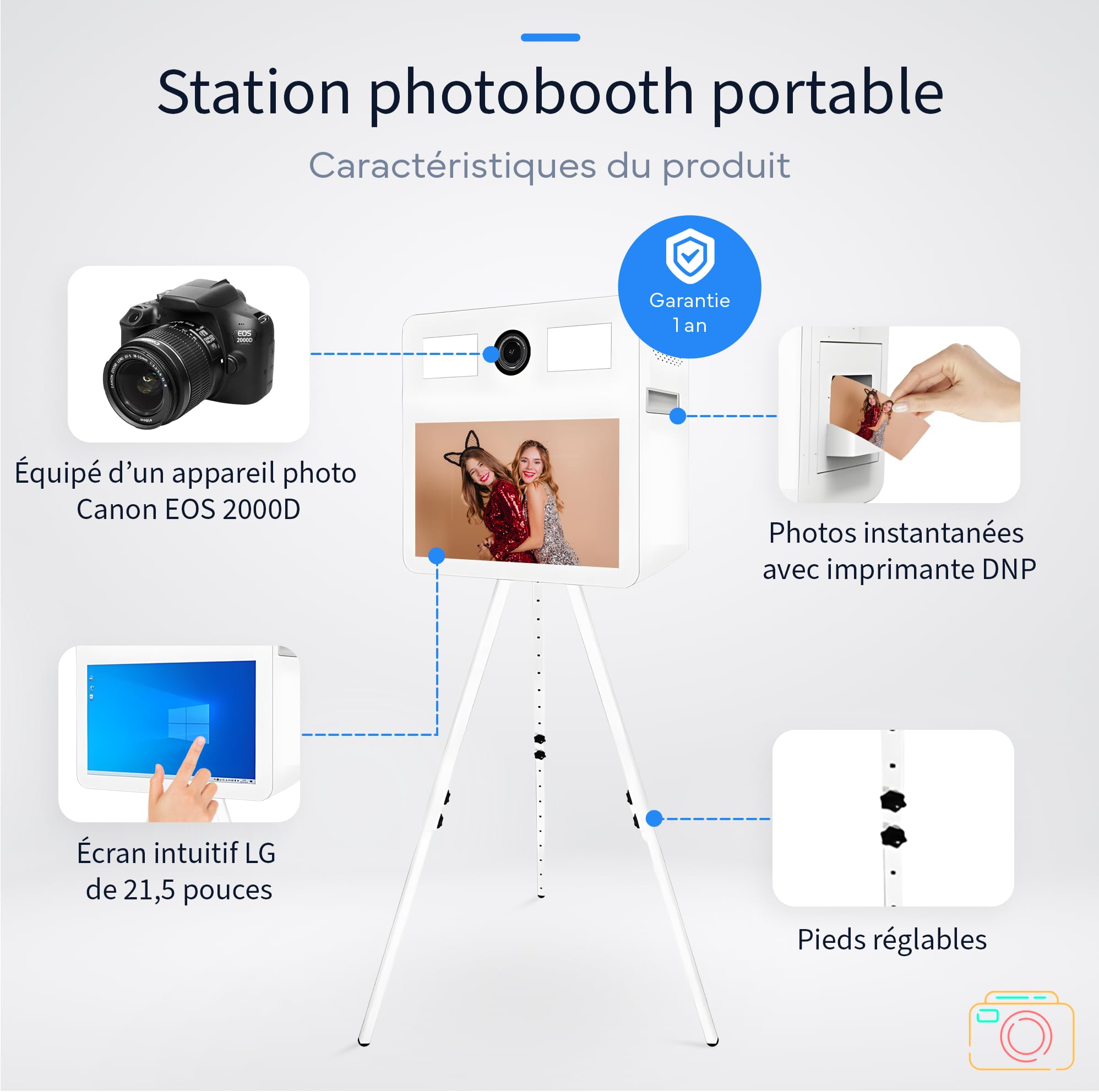 Photobooth Tout-en-Un avec Imprimante et Appareil Photo Reflex - Écran Tactile 21.5" - Impression Instantanée, Étui de Transport et Support de Coque - Parfait pour Événements et Partages Instantanés