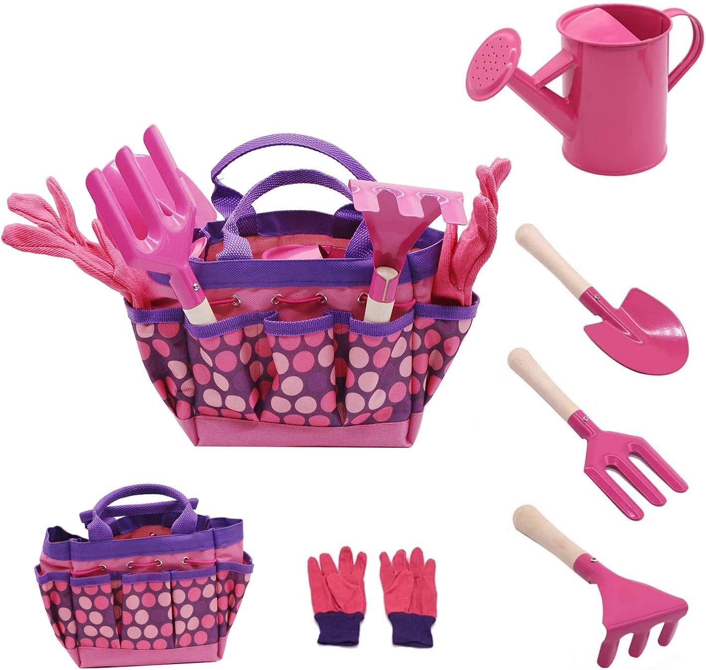 EvelureGardening Tool Set for Kids, Garden Tool Set 6 Pieces for Kids with Watering Can, Garden Gloves, Shovel, Rake, Trowel (Pink)