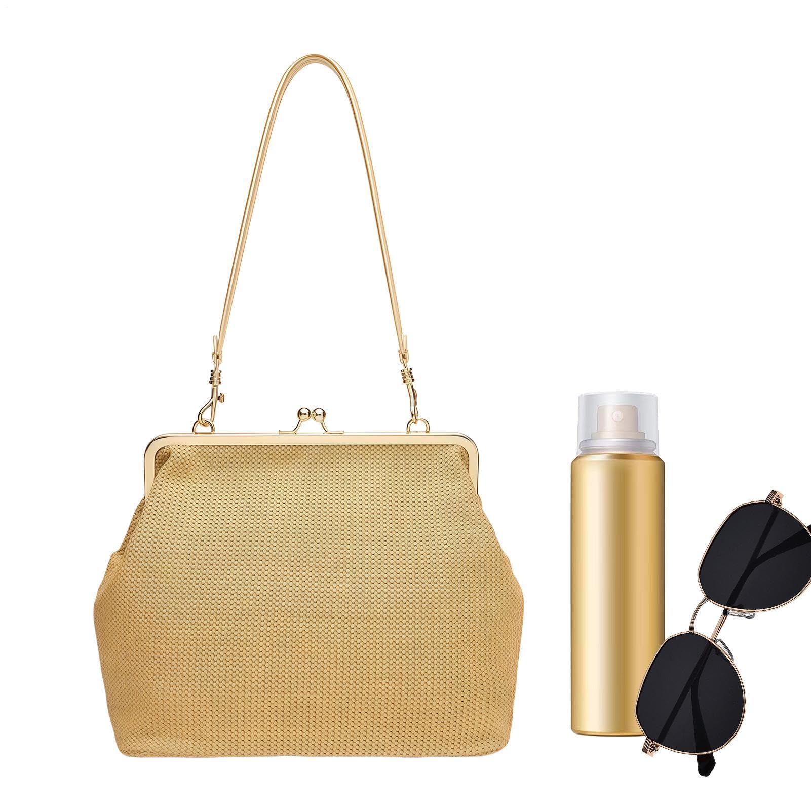 Bolso bandolera grande de paja para mujer – Bolsa de compras de paja | Bolso grande con cierre de beso retro, bolso de playa tejido, verano, primavera, viajes, vacaciones, tienda de comestibles