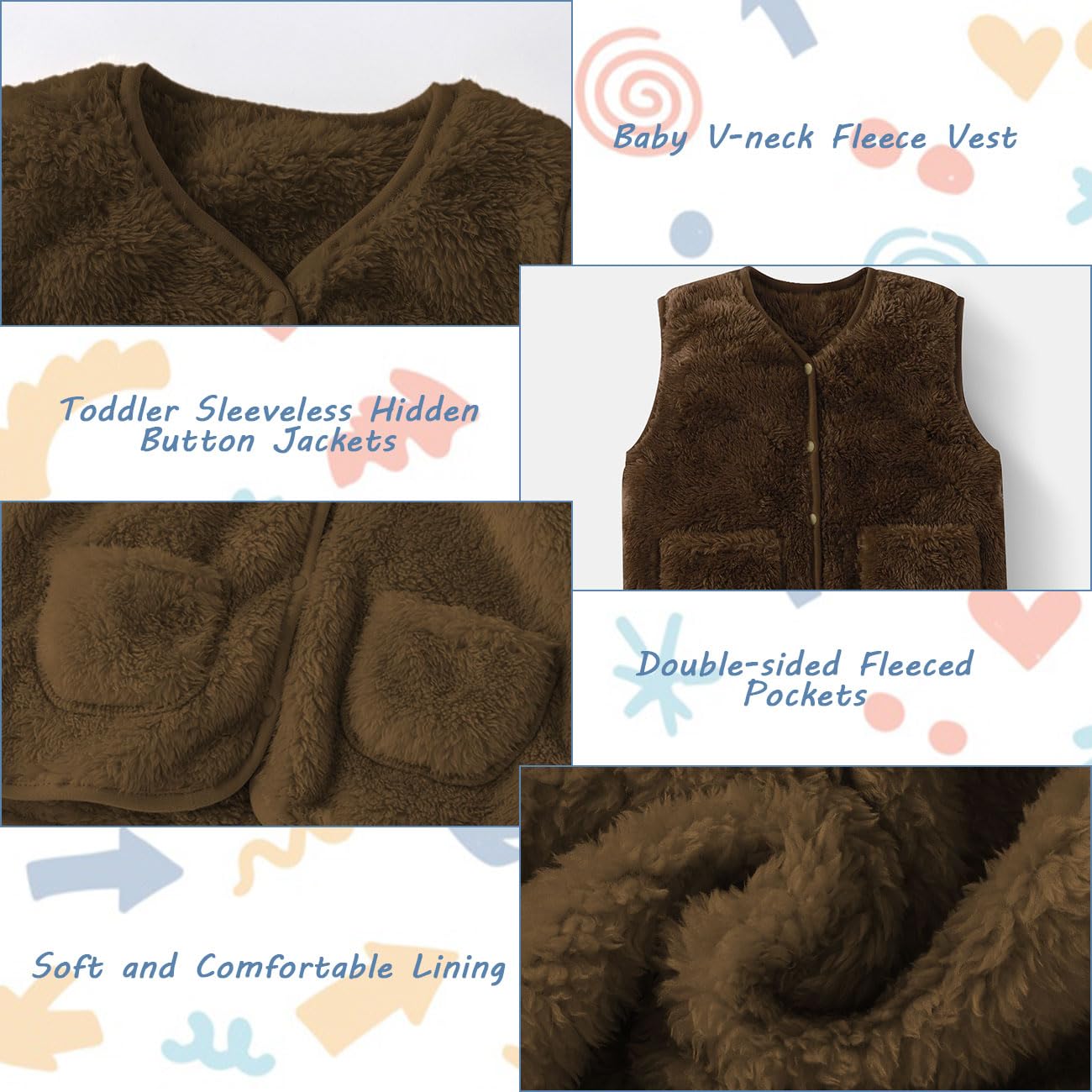 Lindo Bebé Niño Chaleco, Baby Chalecos de Felpa Doble Cara Sin Mangas con Botones a Presión, Bebé Cálido Chaqueta para Otoño, Invierno, Chaqueta Unisex con Bolsillos, Caqui/Marrón, 1-7 Años.