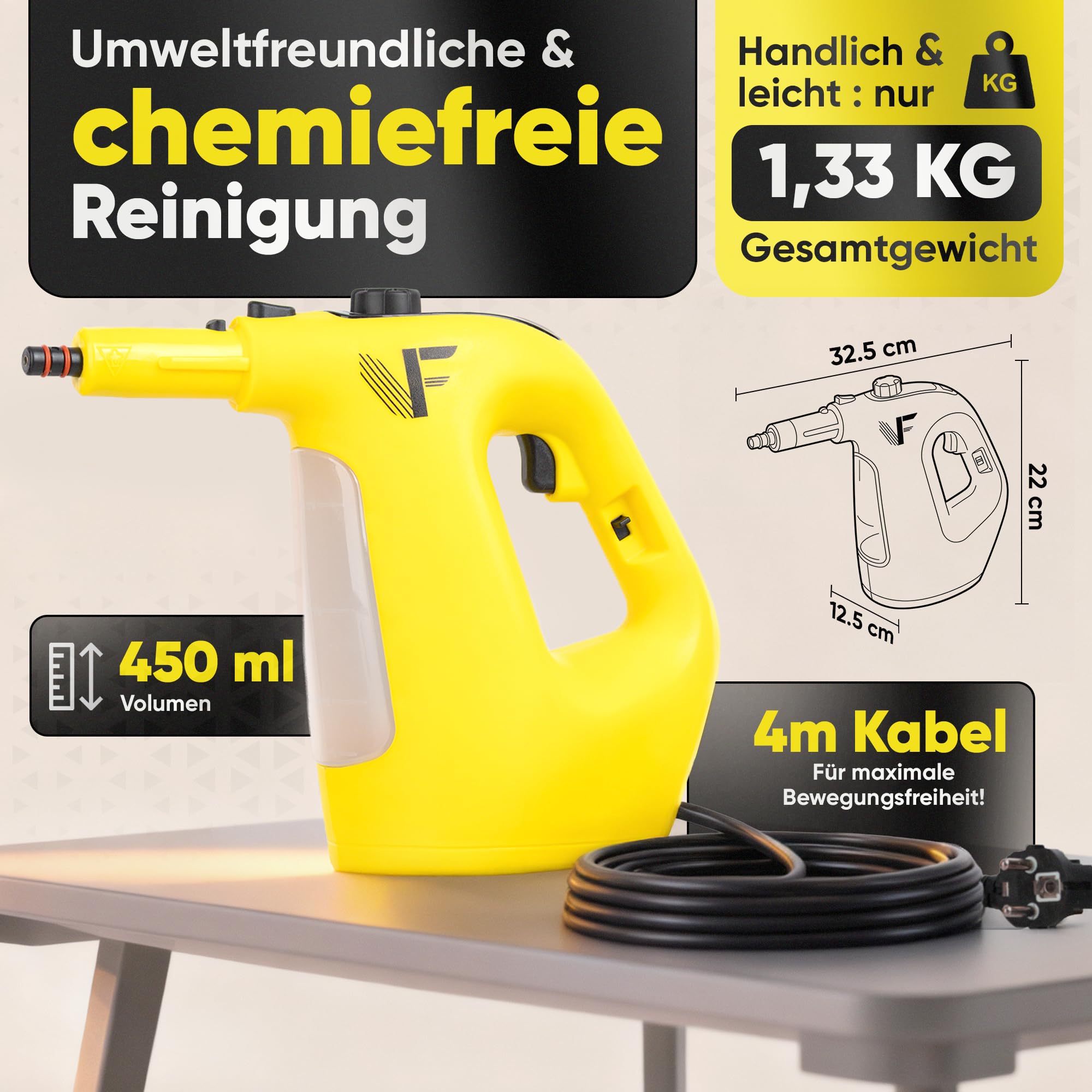 Neighbour's Friend® Dampfreiniger 2 in 1 mit Dampf Mop Funktion – Leistungsstarker Handdampfreiniger 1500W, 4m Kabel, 450ml Tank I Dampfreiniger Handgerät für Boden, Fenster, Bad, Teppich, Küche