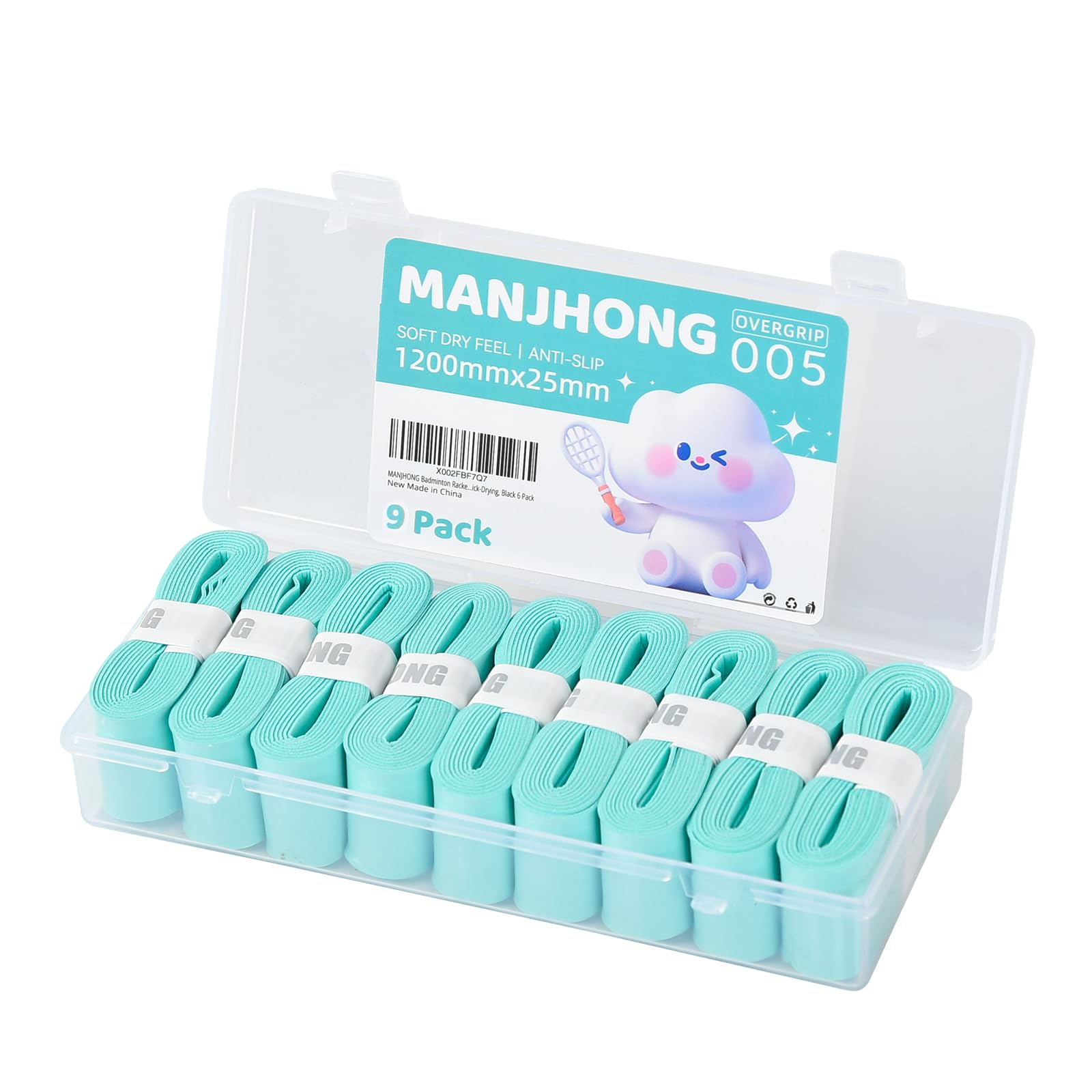 MANJHONG Badminton Racket Grip Tape with Storage Box - Tennis Overgrip - Soft & Non-Slip Handle Tape for Padel, Squash Racquet, TiffyBlue 9 Pack