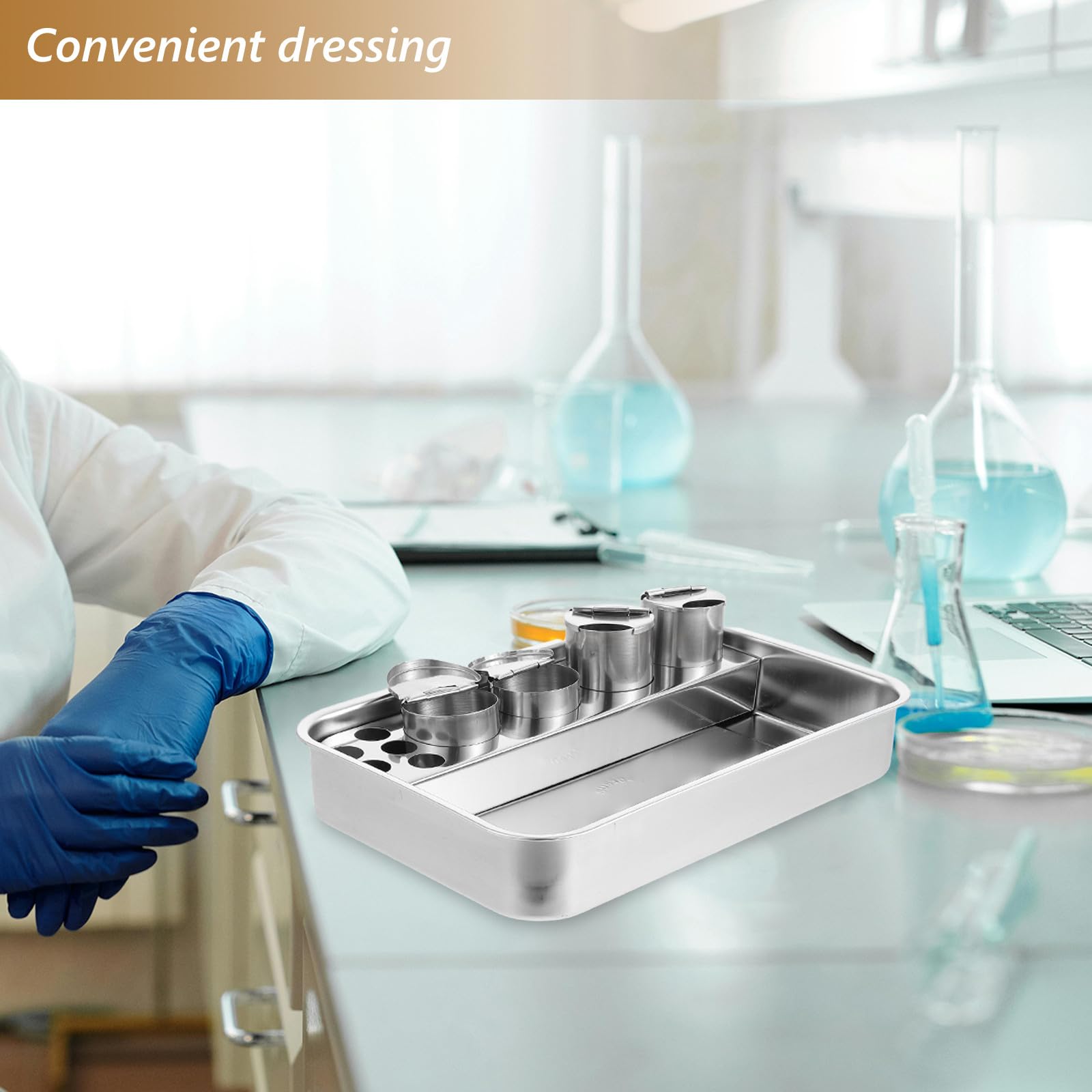 SHINEOFI Bandeja de Médica de Acero Inoxidable 304 Bandeja Rectangular 4 Orificios para Frascos Equipo Profesional para Hospitales y Clínicas para Curas