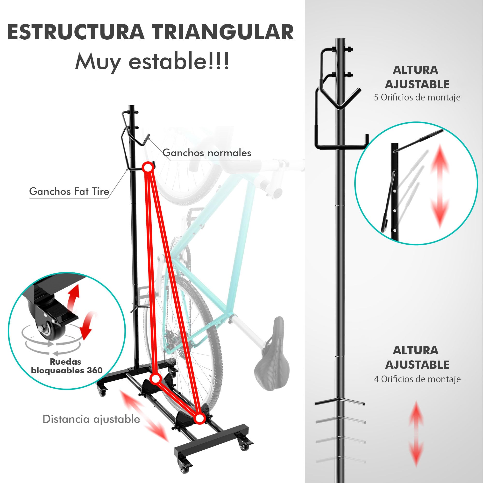 Mimoke Soporte de bicicleta con ruedas – para bicicletas de montaña y carreras de hasta 29 pulgadas, altura ajustable, ahorra espacio, ideal para apartamentos