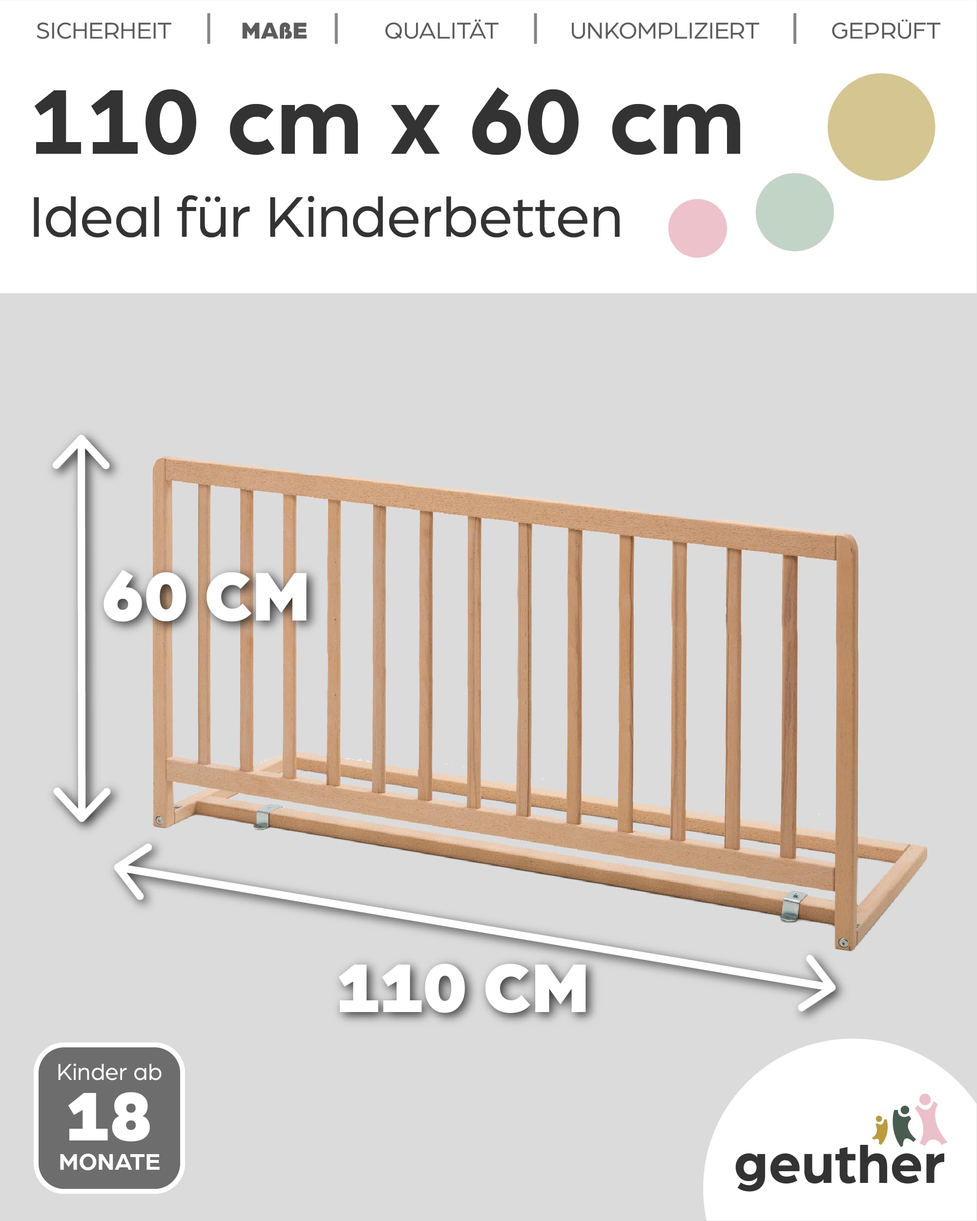 Geuther Bettschutzgitter Holz | Idealer Rausfallschutz Boxspringbett, extra hoch | Rausfallschutz Bett für Kinder | Bettgitter, Absturzsicherung Bett | Bett Rausfallschutz Kinder in 110cm Länge, Natur