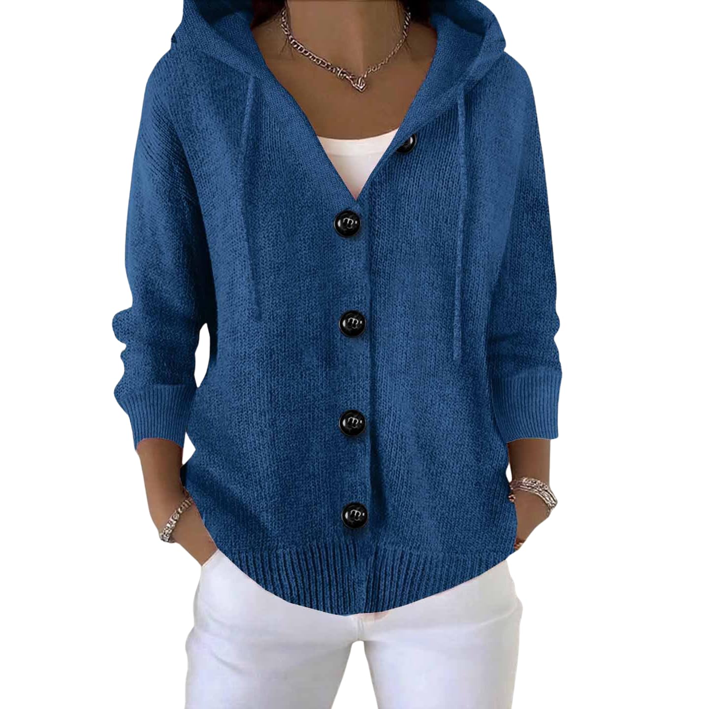 Womens Hooded Cardigan Sweaters 2025 Solid Casual Button Sweater Fall Fashion Open Front Cable Knit Sweaters Winter Blue