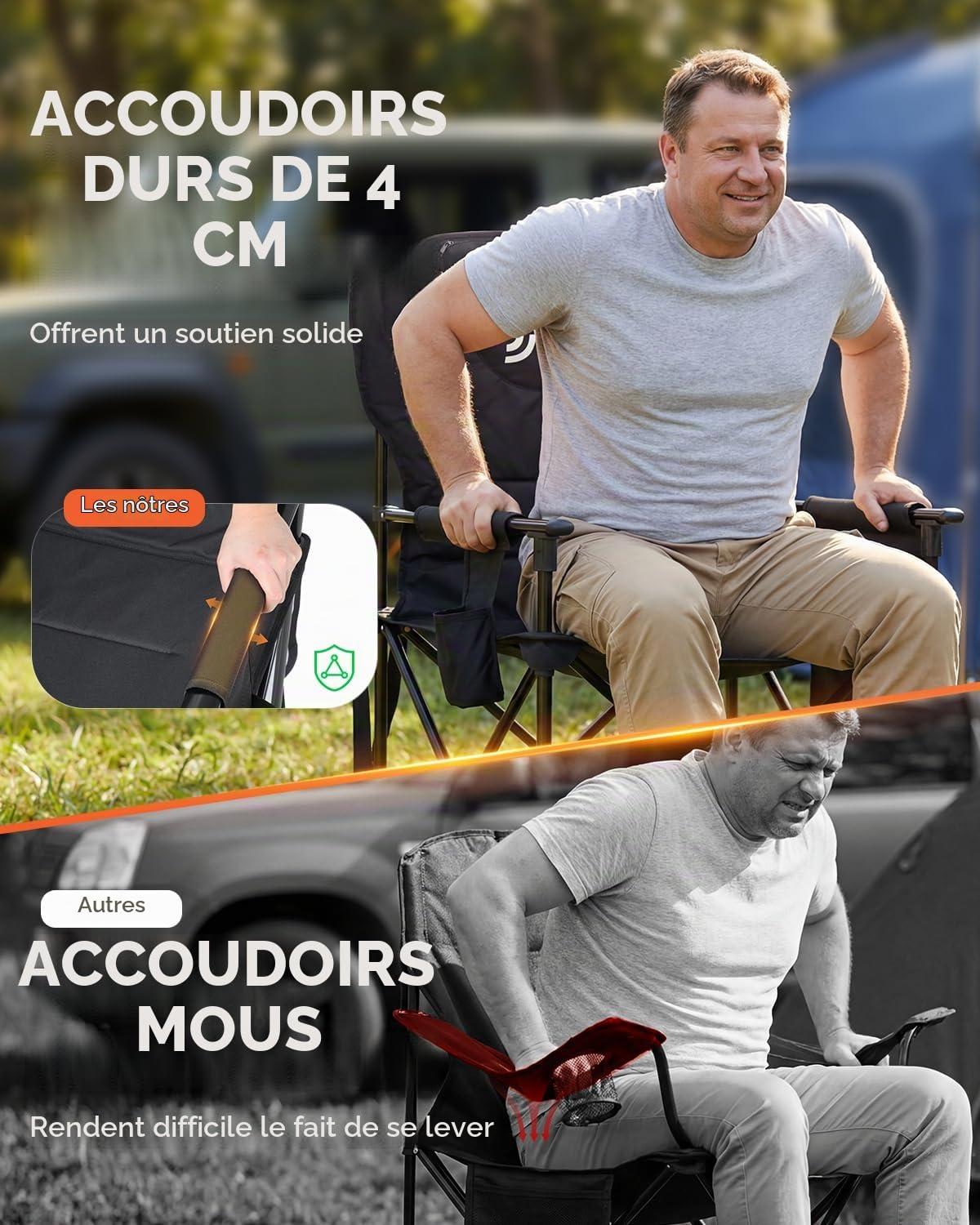 Sportneer Chaise de camping surdimensionnée de 227 kg - Chaise de camping pliable robuste avec accoudoirs, pelouse avec poche latérale et porte-gobelet, chaise de camping pour le jardin, la pêche, les