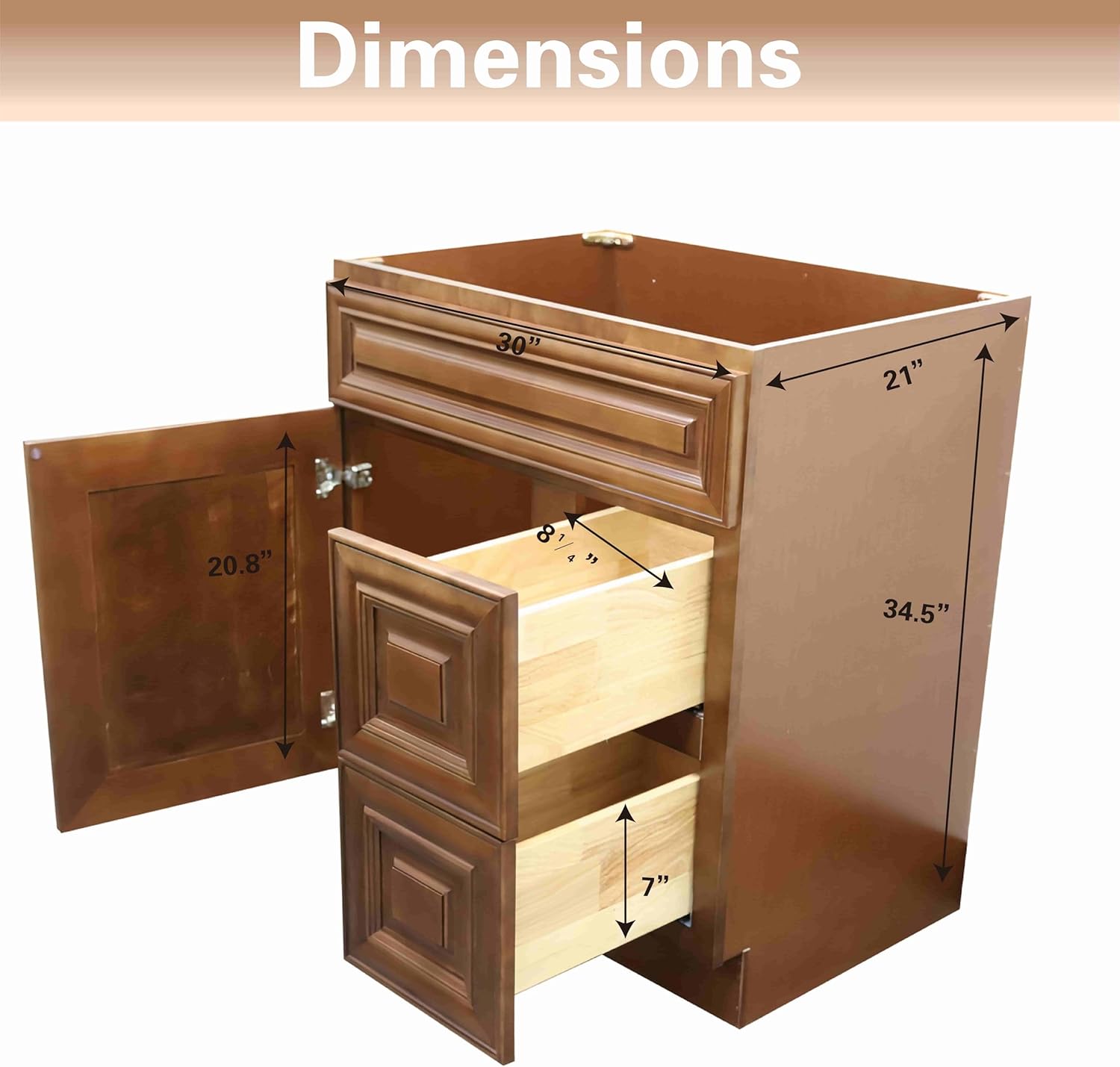 30" Maple Walnut Bathroom Vanity with Sink – Solid Surface One-Piece Top, Soft-Close Doors, Polyurethane Nano Resin Sink, Pre-Drilled Faucet Hole, Modern Bath Vanity Cabinet Set