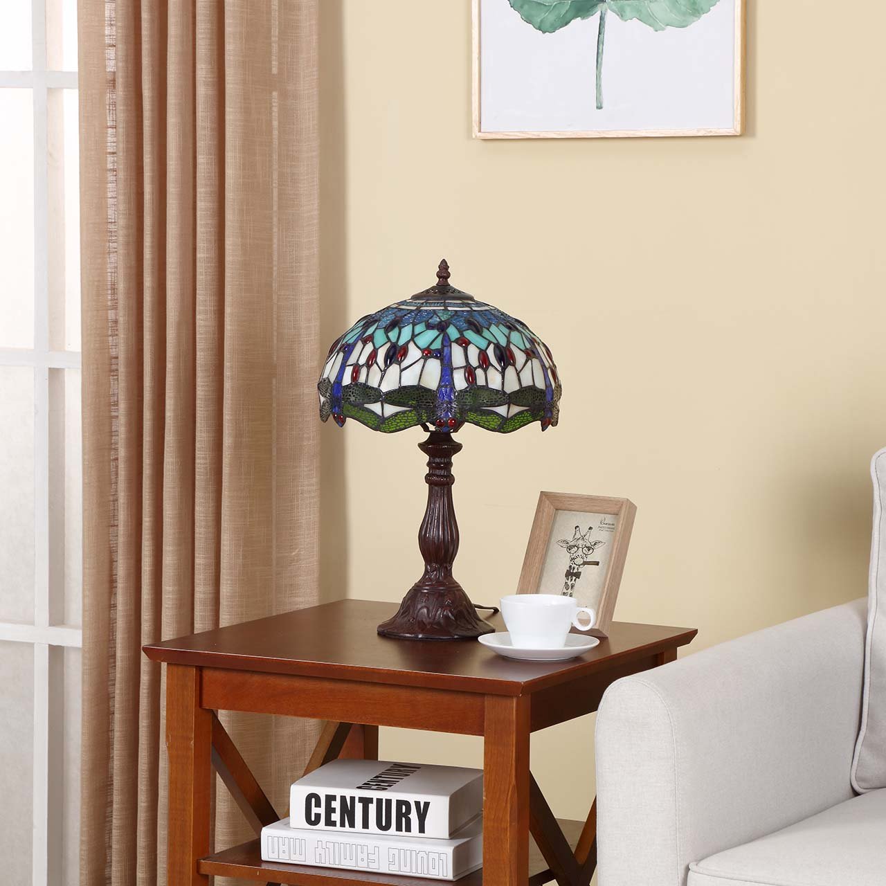 Bieye L31402 Lampada da Tavolo in Vetro Colorato Stile Tiffany con Libellula, Lampada da Comodino con Paralume 30 cm, Altezza 46 cm, Base in Metallo