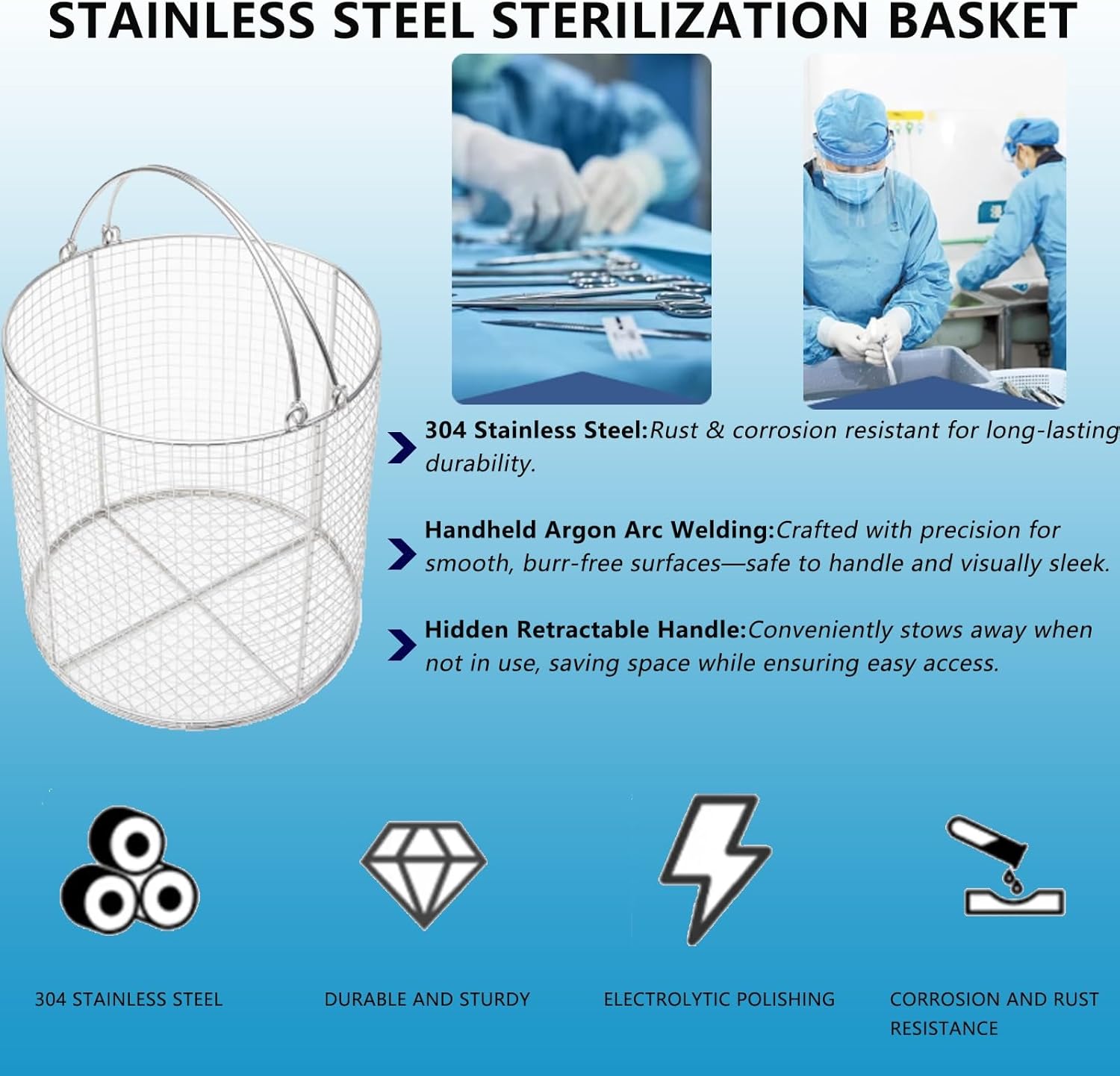 Sterilization Mesh Baskets with Retractable Handle, 304 Stainless Steel, for Surgical Instruments, Operating Rooms & Dental Clinics(7.9"x5.9" (DxH)/20x15cm)