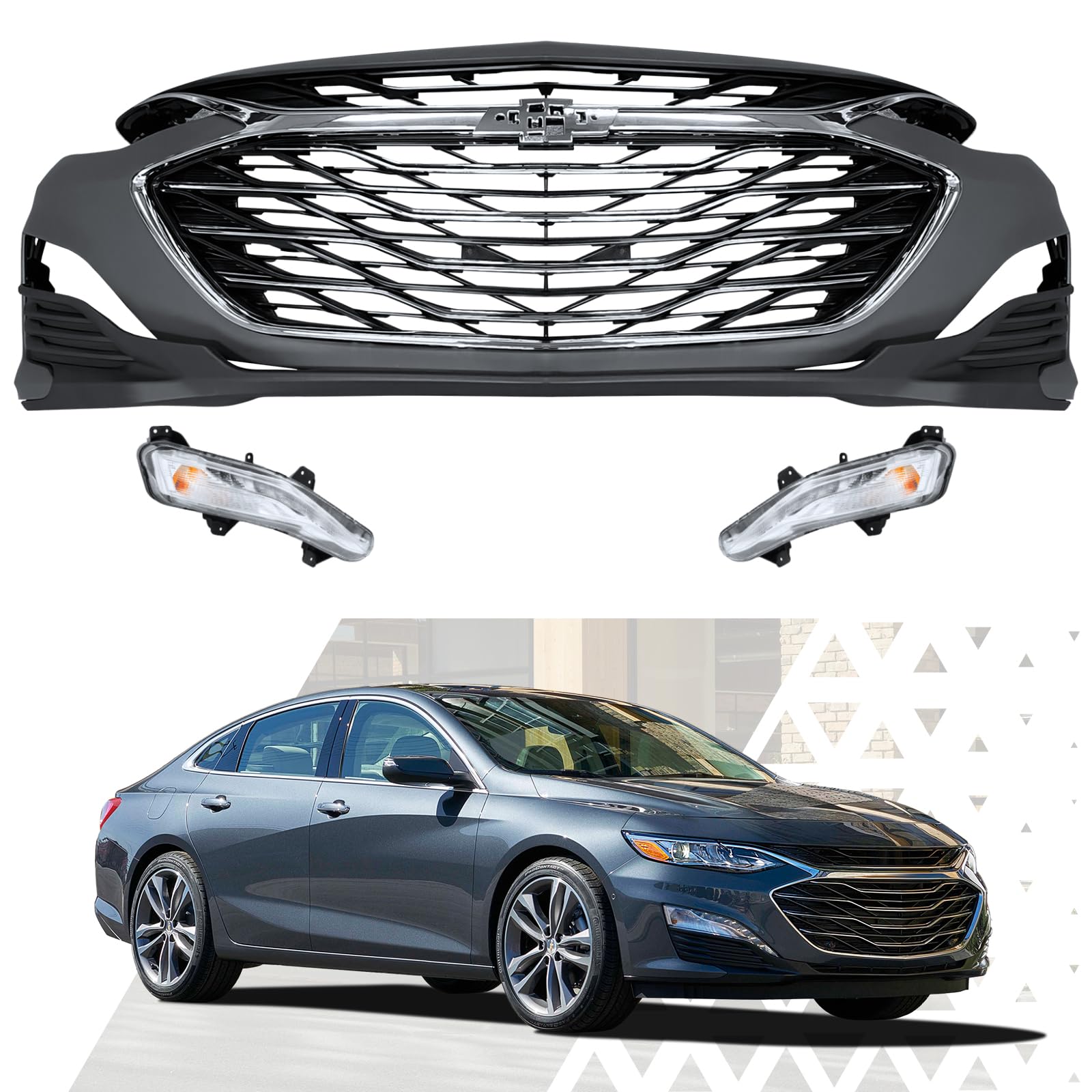 PENSUN Front Bumper Cover w/Grill Grille Fog Light Fit for Chevy Chevrolet Malibu 2019-2024