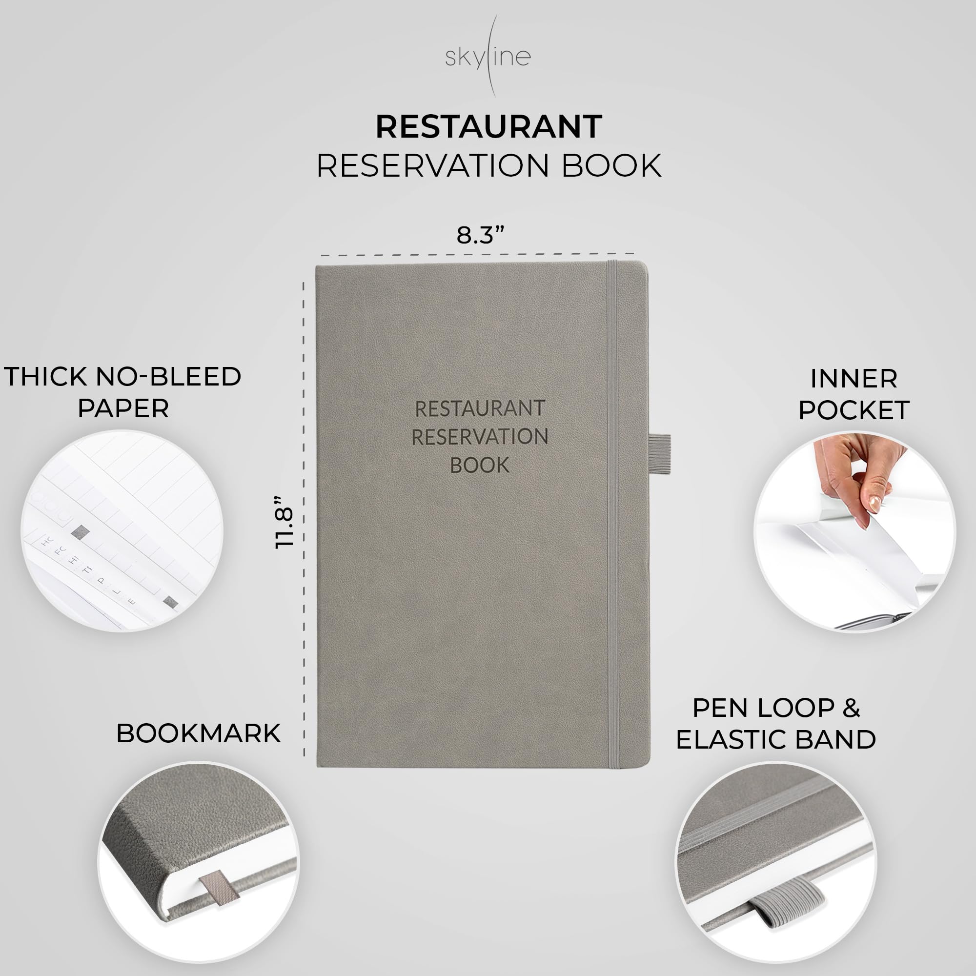 Skyline Prenotazione ristorante – Prenotazioni tavolo da pranzo non datato – Libro per ospiti e server 2024 – Forniture per ristoranti (grigio)