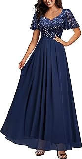 Women's Retro V-Neck Ruffle Sleeve Sequined Floral Lace Bridesmaid Party Maxi Dress - Buy now