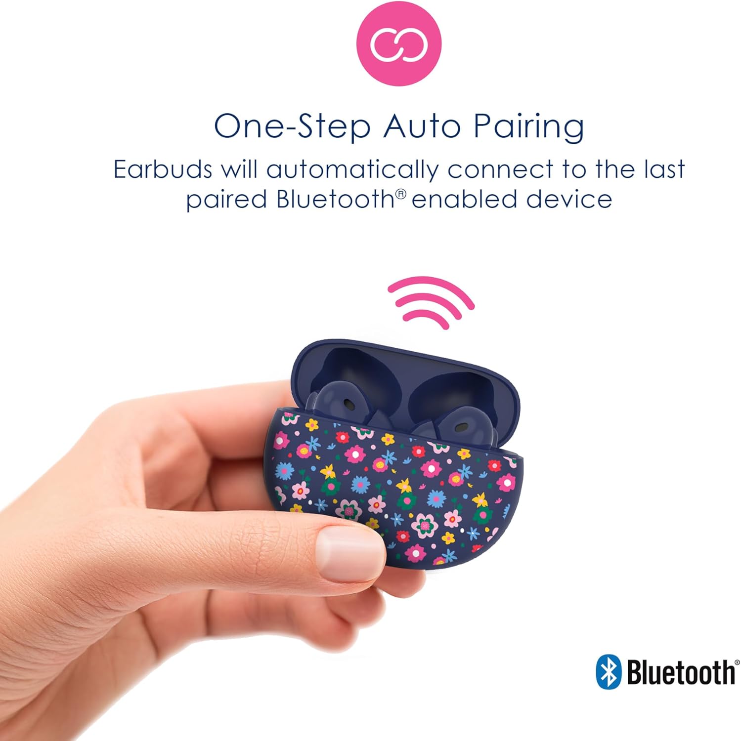Graphic illustrating one-step auto pairing for the earbuds