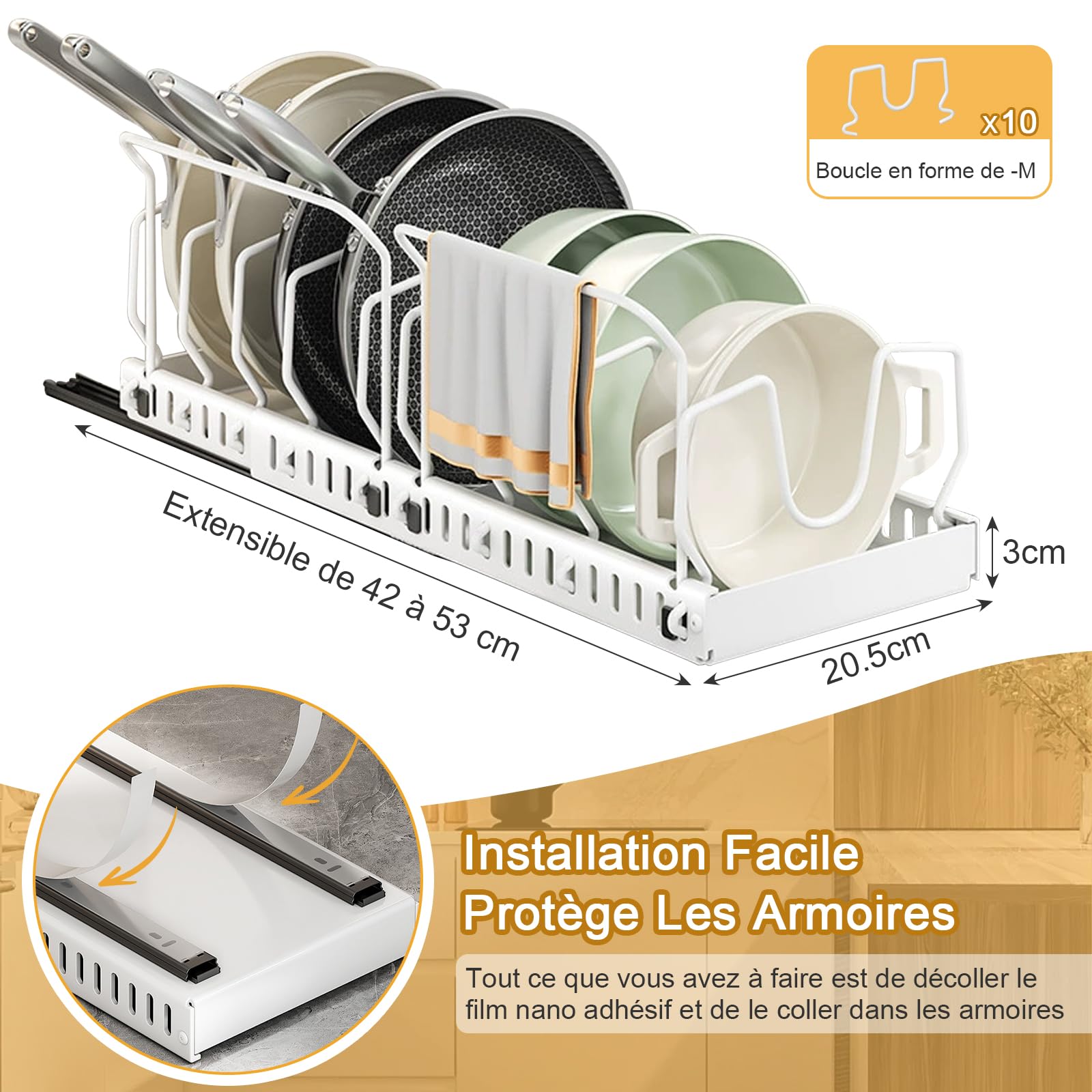 Ensemble de 2 casseroles et poêles Organisateur avec 2 Supports de poignée, Organisateur de Couvercle Coulissant avec 10 séparateurs de Couvercle réglables (Blanc)