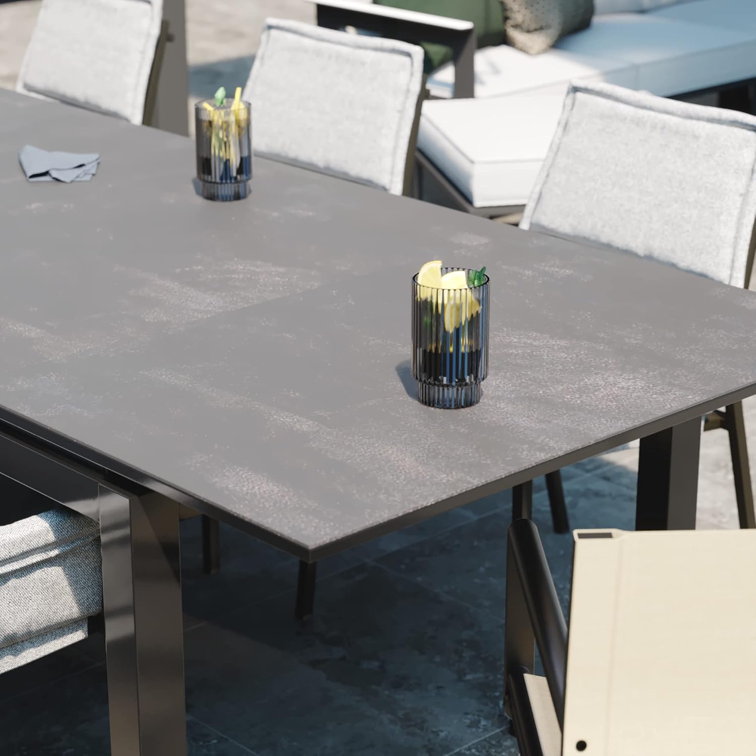 Diagram showing the dimensions of the NATERIAL ODYSSEA PREMIUM table, both retracted and extended.