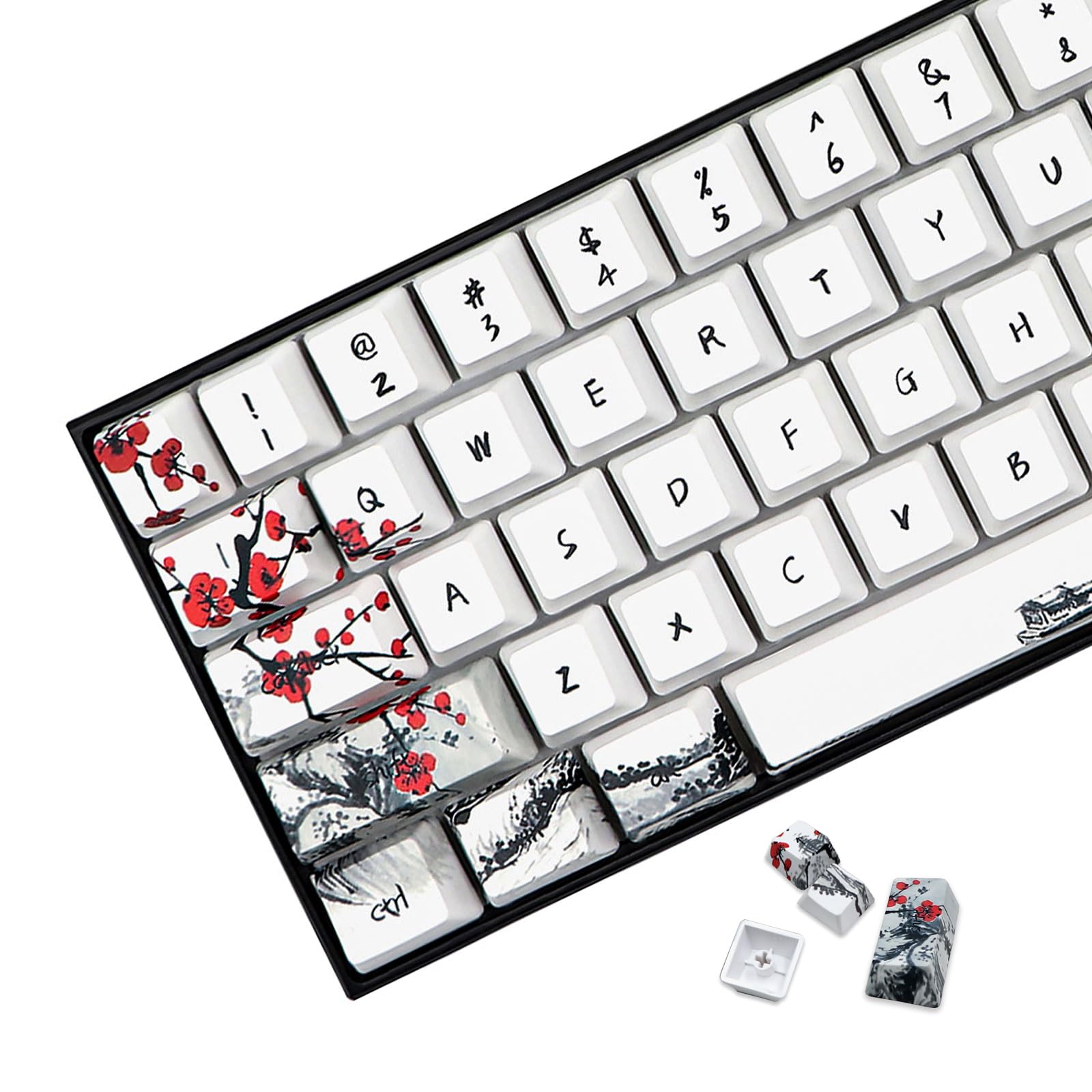 JSJT Custom Keycap-Keycaps 60 Percent, Suitable for GK61/64/RK61/Anne/GH60 /ALT61 Cherry MX Switches Mechanical Keyboards,71 Keys,OEM Profile PBT Keycaps with Keycap Puller (Plum Blossom Key Caps)