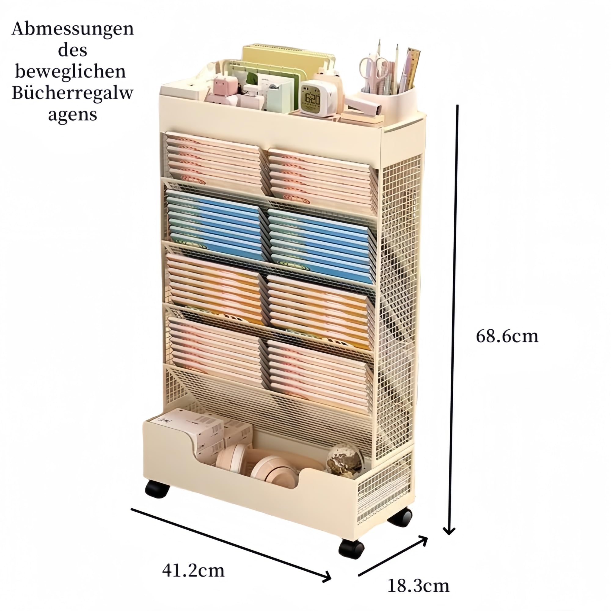 Mobiler Bücherregalwagen mit Rädern, stabil, 41.2x18.3x68.6cm, für Wohnzimmer, Büro