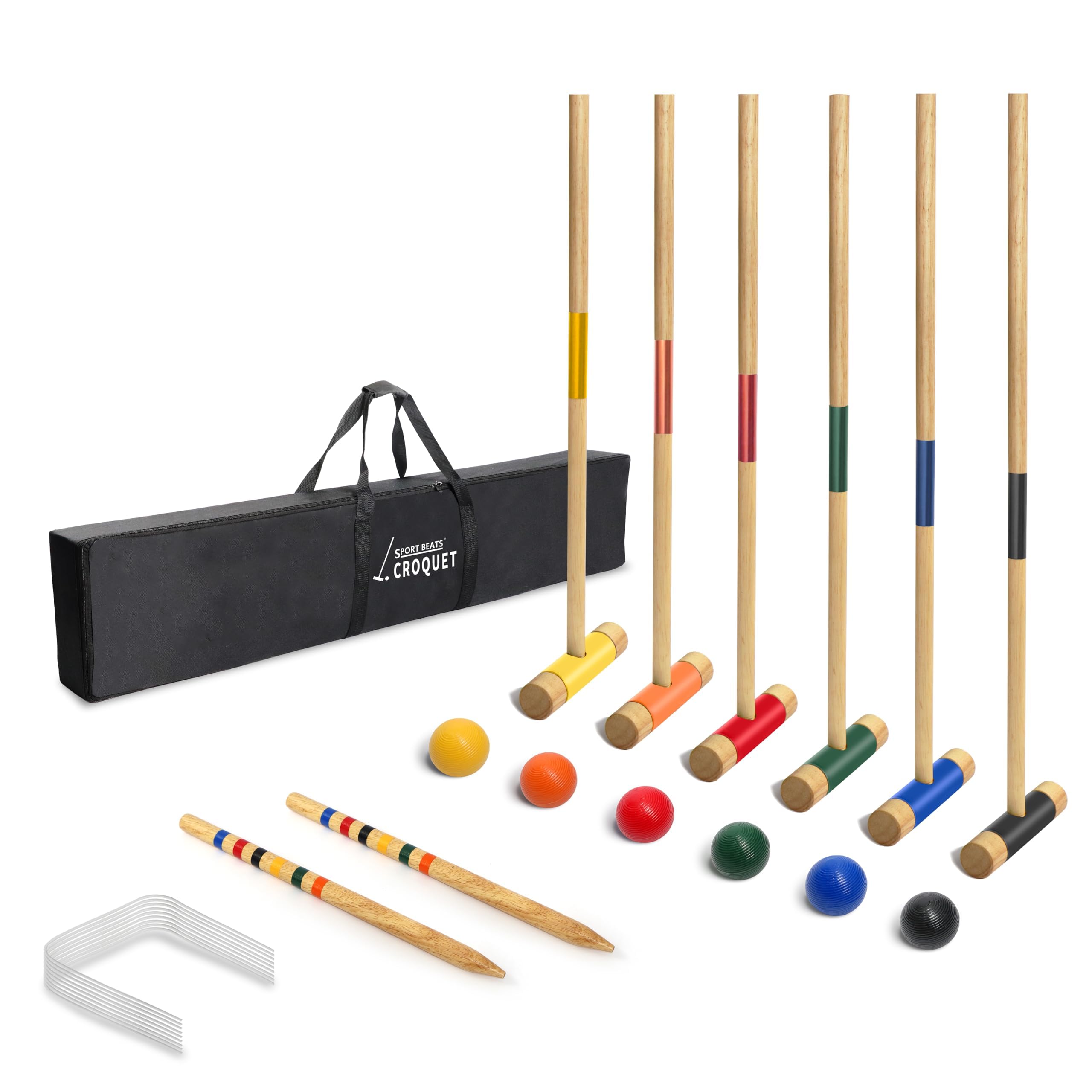 Krocket-Set für sechs Spieler für Erwachsene und Familie, Hinterhof, Outdoor-Spiele | 81,3 cm Schlägel, Gummibaumholz, inklusive 1 Tragetasche, 6 Bälle, 9 Wickets, 2 Heringe