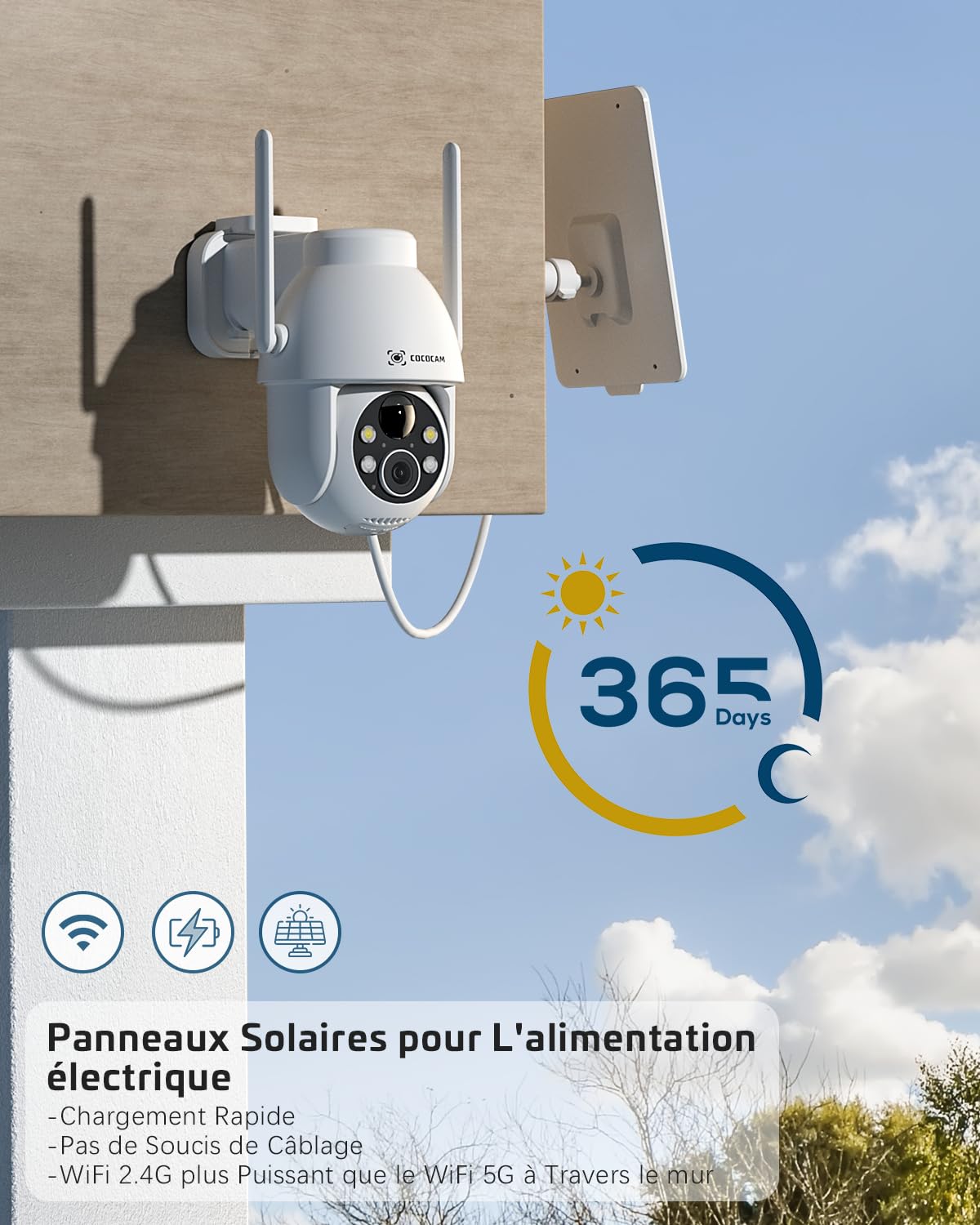 COCOCAM 2K Camera Surveillance WiFi Exterieure sans Fil sur AI Détection Humaine, Vision Nocturne Couleur, Audio Bidirectionnel, 2.4GHz WiFi, Cloud