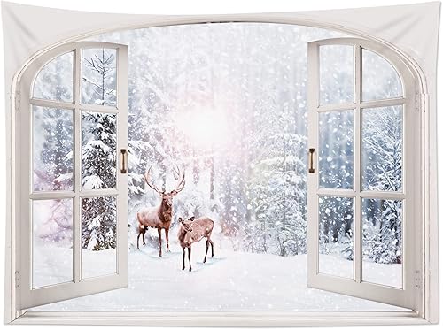 WEENEO Tapiz de bosque de nieve, lindo tapiz de pared de ciervos en árboles, para dormitorio, paisaje de copo de nieve de invierno, tapices fuera de