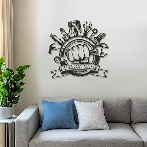 Miniatura 5 de Letrero de metal personalizado para garaje, arte de pared de taller personalizado, decoración mecánica para hombres, día del padre para los amantes