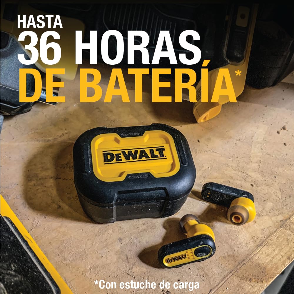 DEWALT Audífonos inalámbricos Verdaderos de Alta Resistencia, Auriculares Bluetooth con Estuche de Carga Tipo C Incluido, más de 30 Horas de duración de batería, fácil configuración para iPhone,