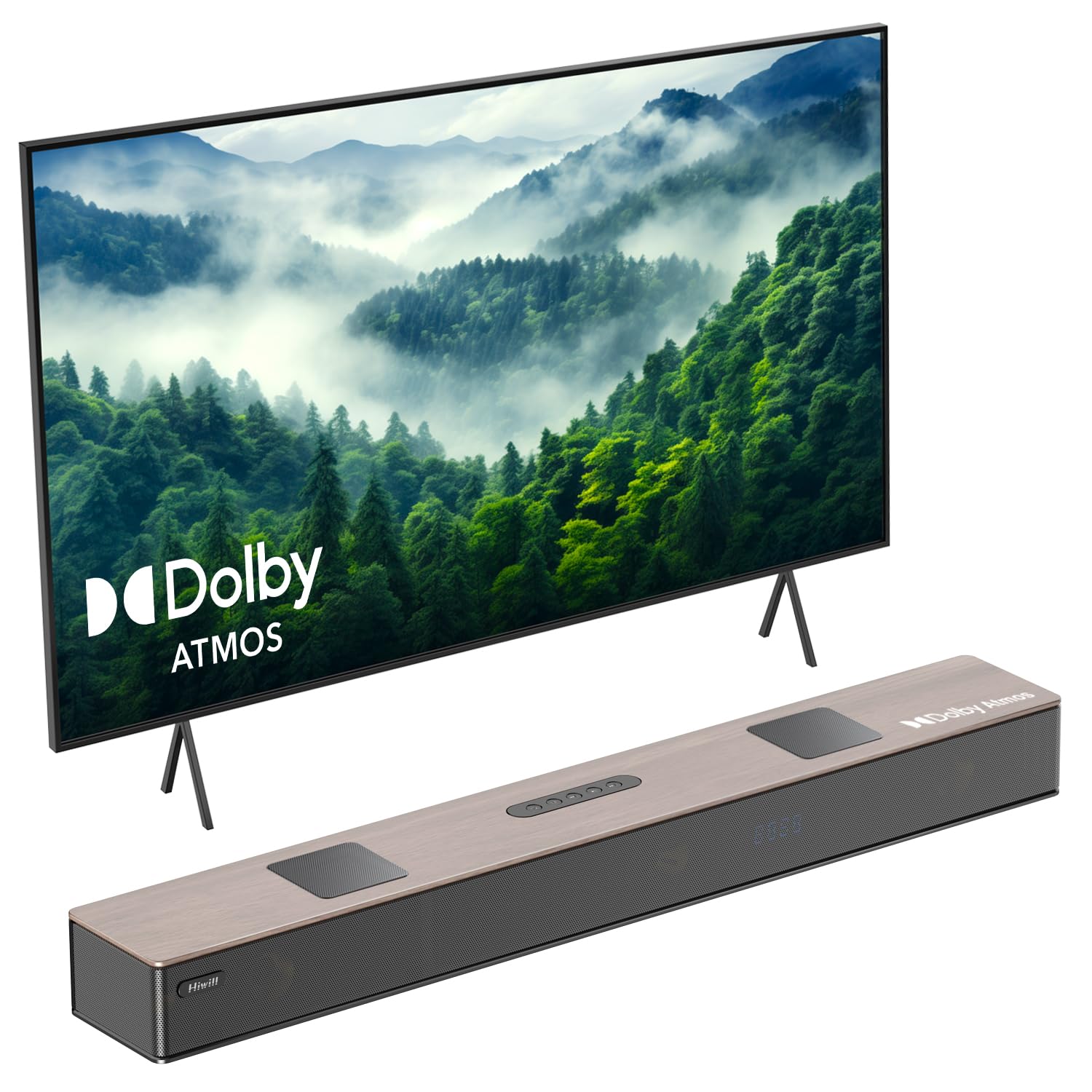 Hiwill Wooden 5.2.2ch Sound Bar with Dolby Atmos 3D Spatial, All-in-one Sound Bar for Smart TV with Dual Built-in Subwoofer, 9 Drivers, 400W Surround Sound System for TV Soundbar Speaker, WoNoble A502