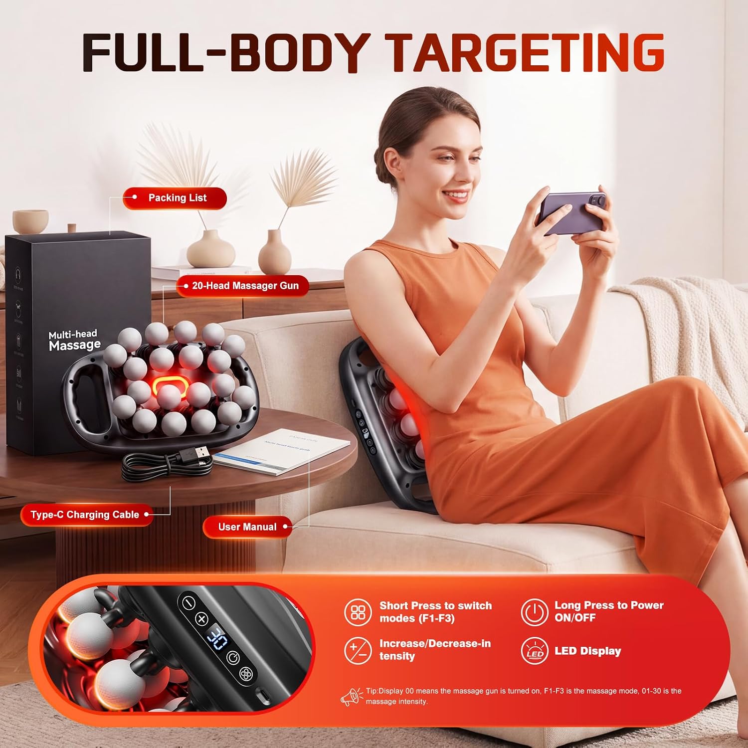 20 Head Massage Gun, Deep Tissue Massager with 3 Modes & 30 Levels | Back Massager for Pain Relief, Handheld Muscle Massager for Body, Neck, Shoulders and Legs