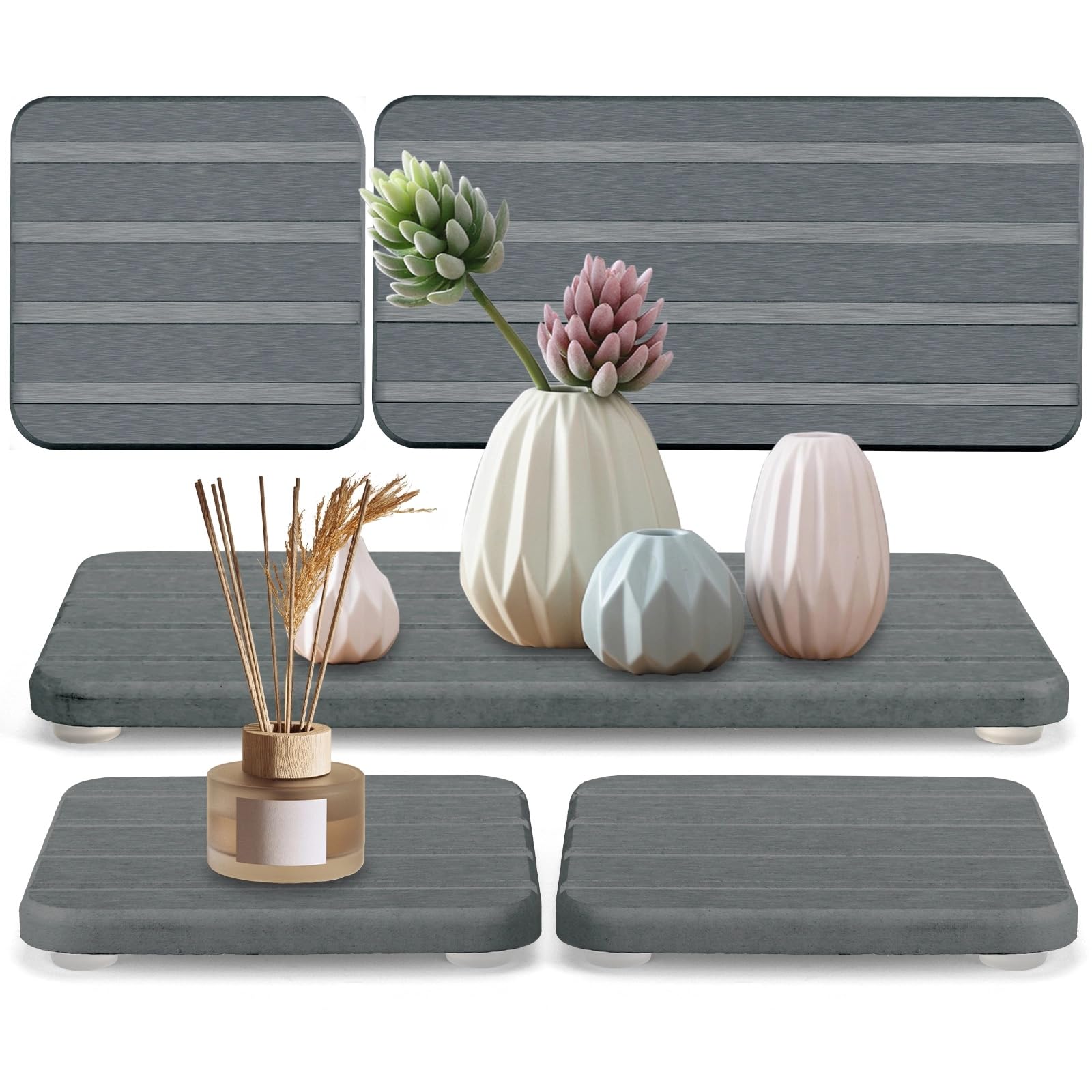 3PCS Diatomite Drying Tray Set, Fast Water Absorbing Stone Coaster for Kitchen Sink & Bathroom, Includes 8x4 & 4x4 inch Pads for Soap, Sponge, Toothbrush, Keeps Countertop Dry (Dark Gray)
