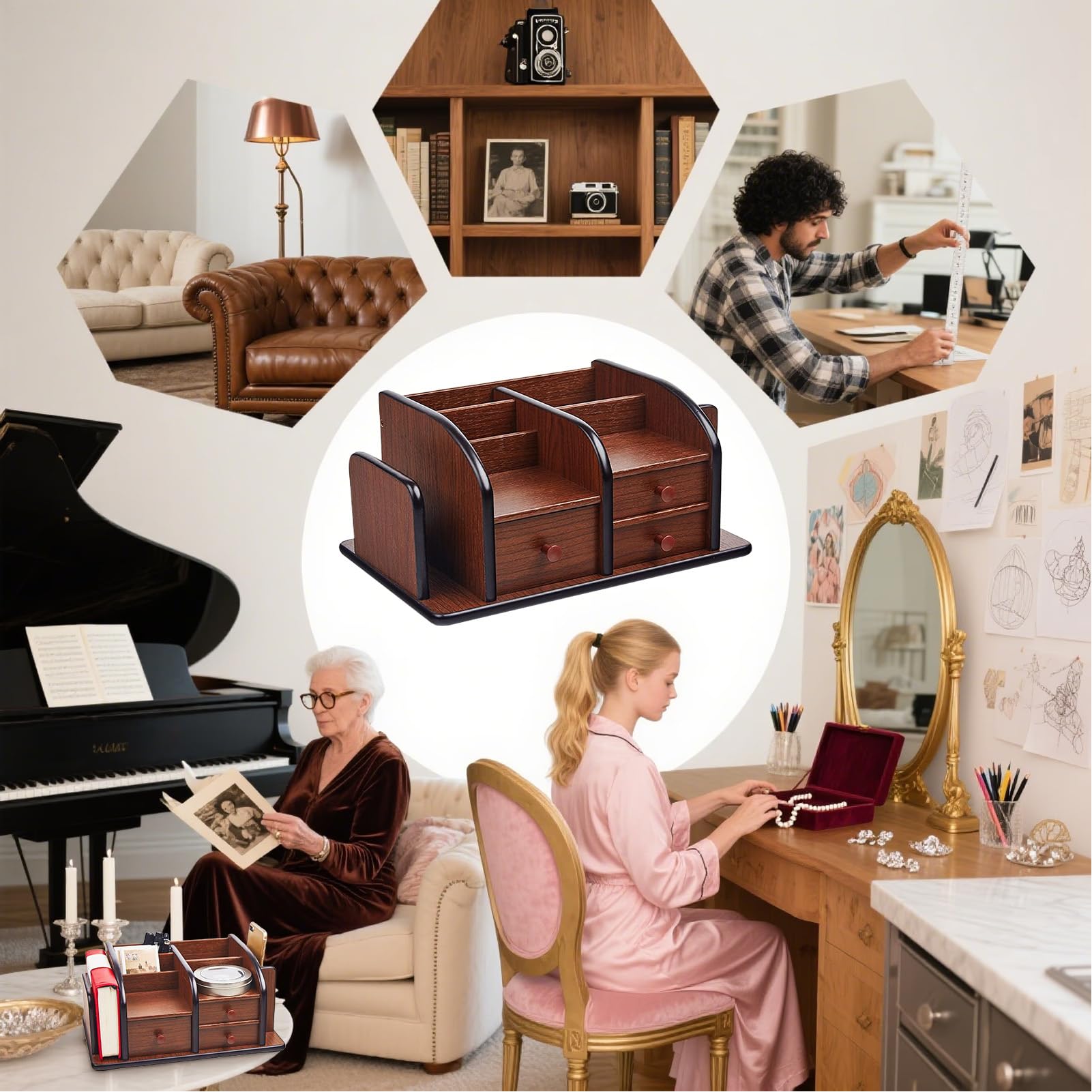 Soporte Control Remoto de Mesa Estante Cargador Con Cajón Y Libreta | Organizador De Escritorio En Madera Con Cajones Llaves Bloc Notas Lápiz Suministros Oficina Muebles Pequeños Café Mesita