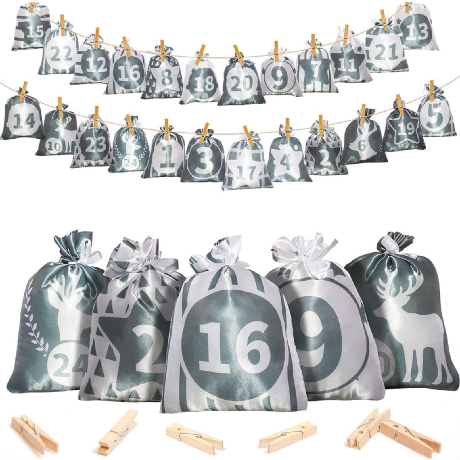 HIPIHOM Christmas Advent Calendar Bags, 24 Days Countdown Burlap Bags Hanging Advent Calendar Gift Favors for Xmas Decorations (Grey)