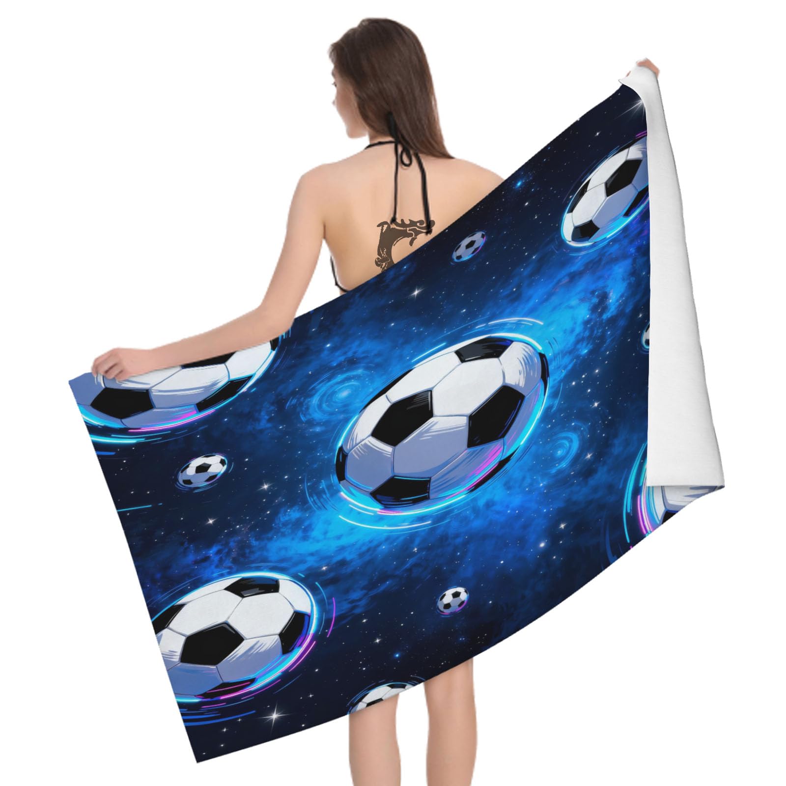 Leichong 3D Universe Football Beach Towel Large Microfiber Soft Quick Dry for Adults, Sci-Fi Style Bath Towel Lightweight Soft Absorbent for Travel Swimming Pool Sports, 80 x 160 cm