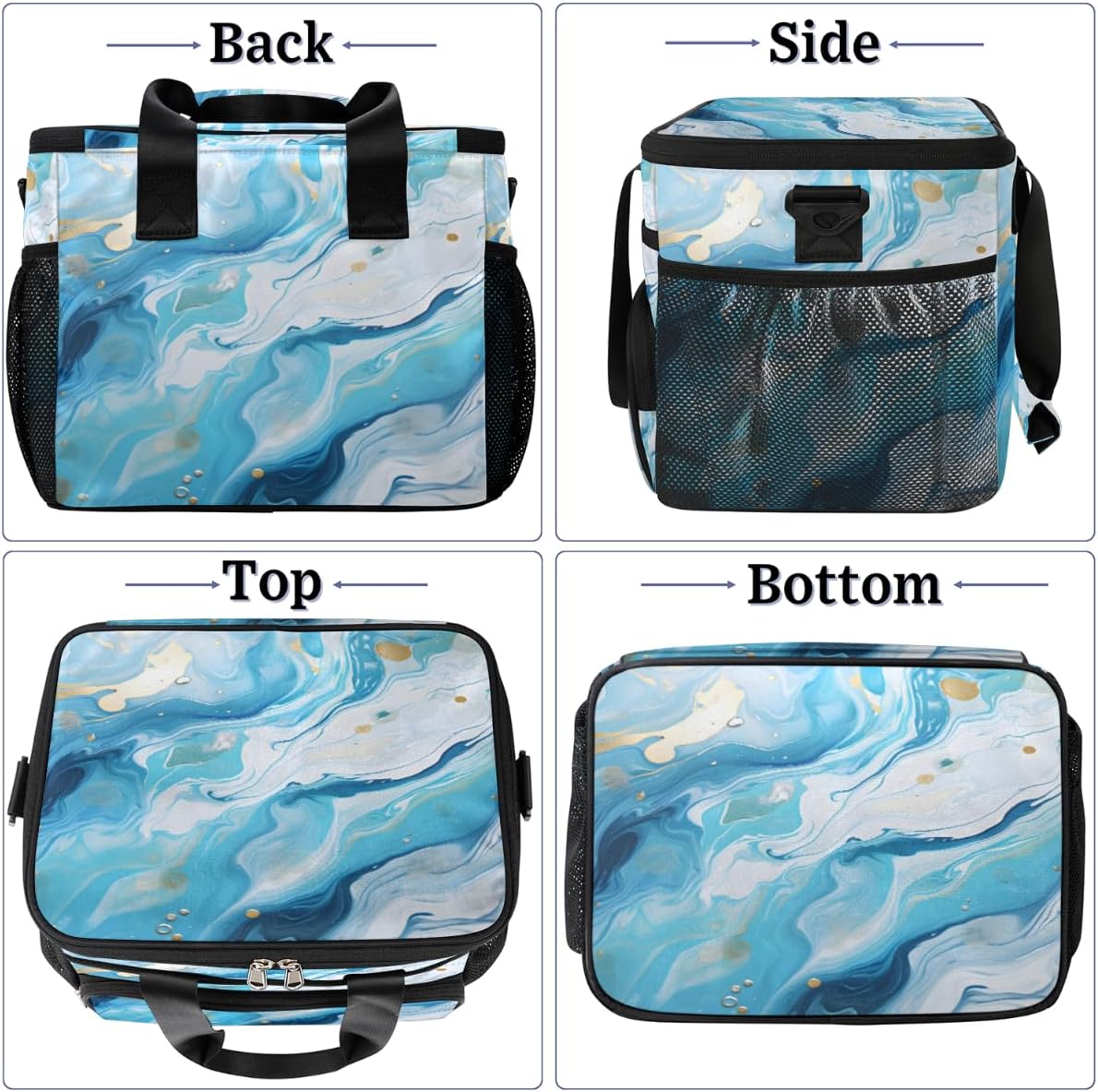 Liquid Texture Blue Insulated Picnic Backpack Lunch Box for Women Men Picnic Basket Tote Lunch Bag Picnic Bag Portable Lunch Bags for Picnic, Beach, Work, Trip,Office, Camp Marbling Pattern