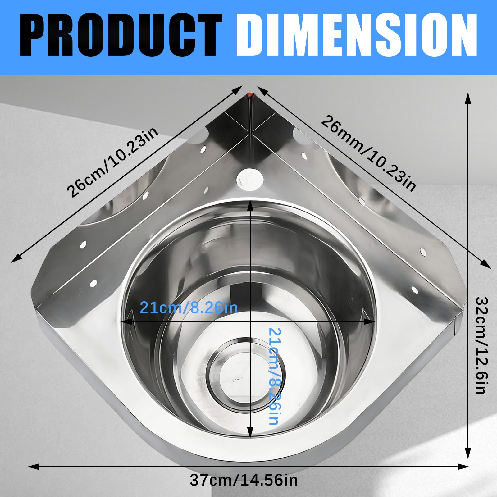 Lavabo Esquinero, Lavabos de Montaje en pared Lavabo Triangular Pequeño De Acero Inoxidable 260 Mm Montaje En Pared Juego, Con Grifo Desagüe Y Mangueras, Para Autocaravana Camper Barco Baño WC Garaje