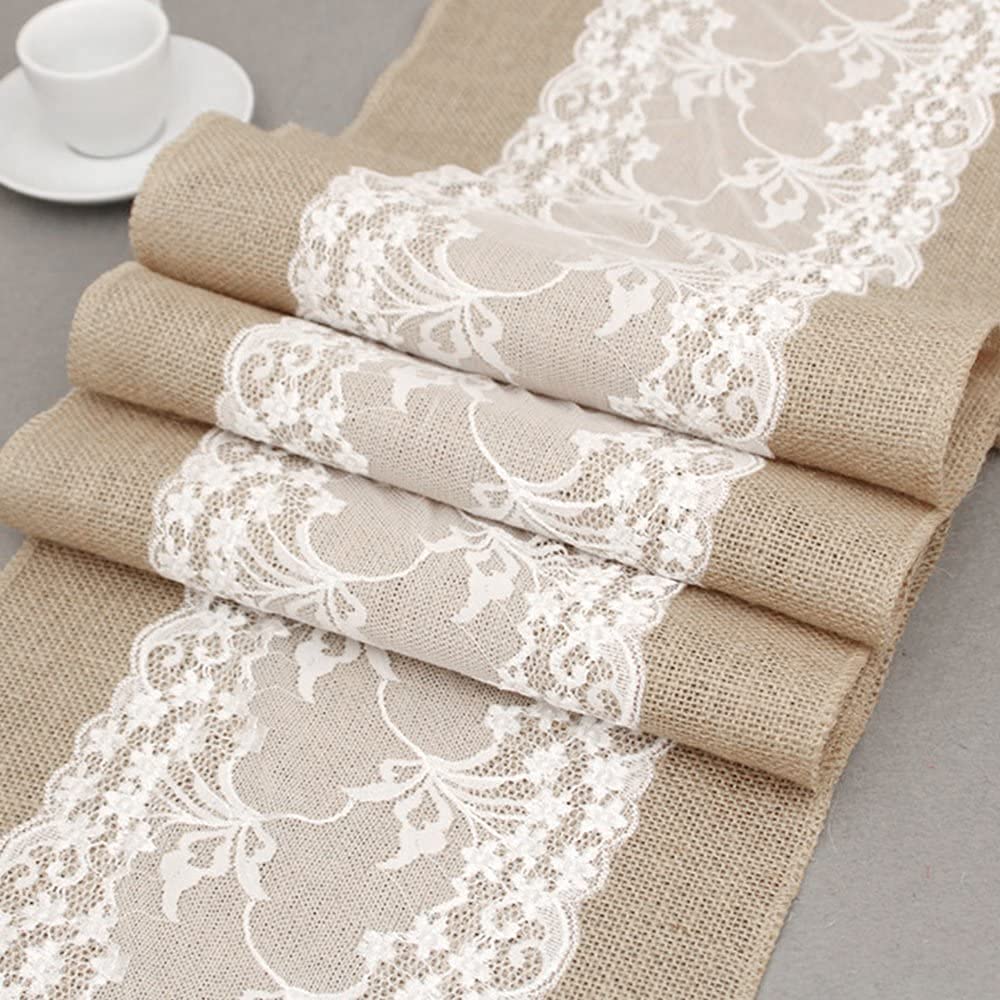 10 Stücke Tischläufer mit Spitze, Juteband Tischband Natur Hochzeit Deko Vintage Tischdeko Hochzeitsdeko Rustikal 30 cm breit 275cm Rolle
