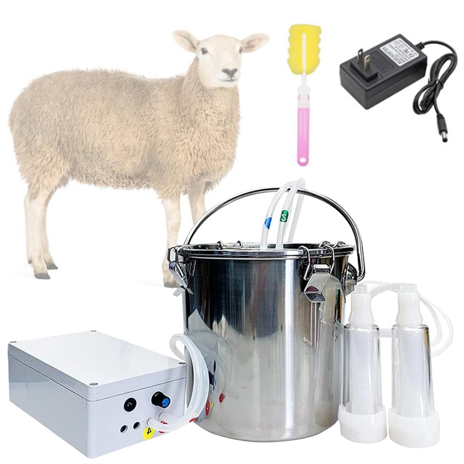 Mungitrice elettrica Portatile Ricaricabile per Mucche e capre, con Secchio in Acciaio Inox da 3L/5L, 2 tettarelle e Funzione di mungitura Pulsante a Vuoto; per allevamenti Goat-5L