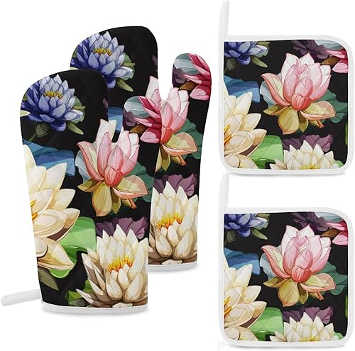 Fantastic Lotus Flower Oven Mitts and Pot Holders Sets of 4 Heat Resistant Kitchen Potholder Gloves for Cooking Baking