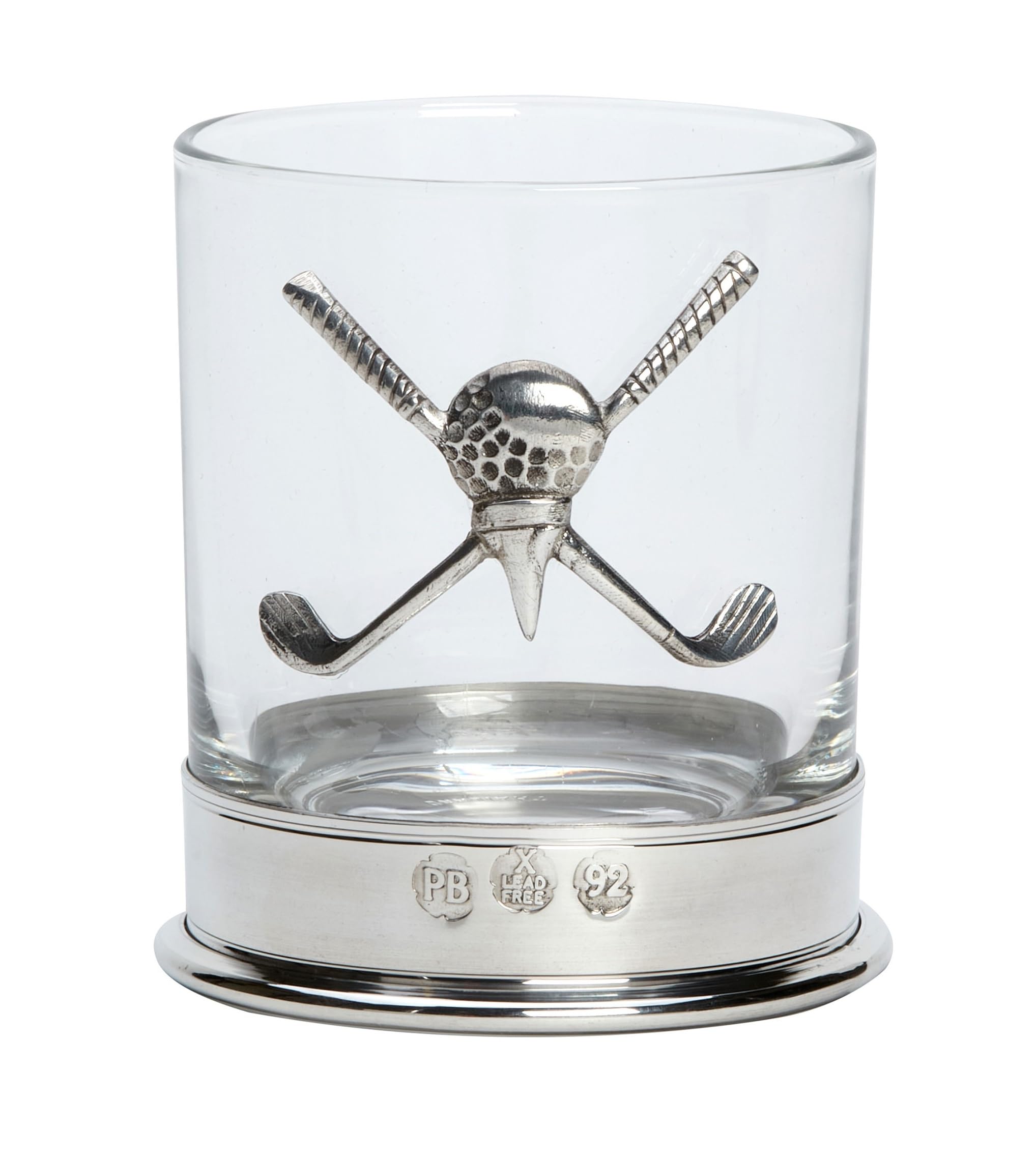 Lead Free pewterware Mounted 12oz Whisky Glass with a Pair of Crossed Golf Clubs with a Golf tee and Ball in The Middle in a Presentation Box of 1 or 2 Glasses (1)