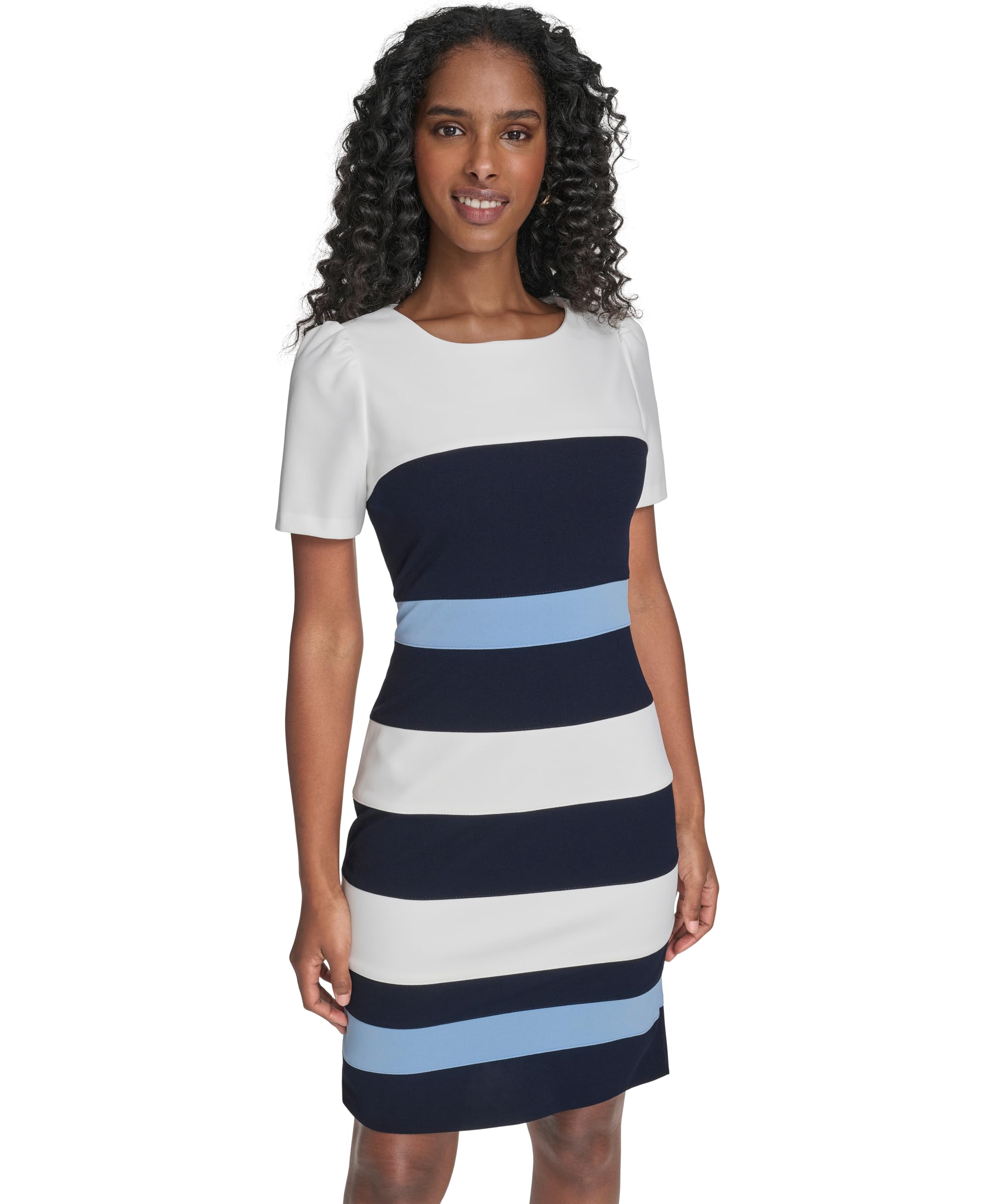 Tommy Hilfiger Womens Short Sleeve Striped Scuba Crepe Sheath Mini Dress