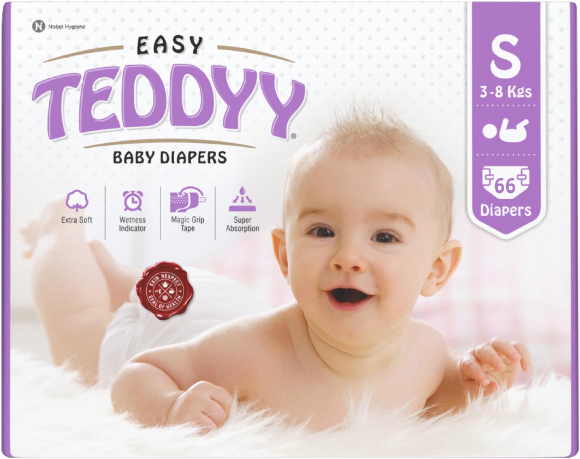 - TEDDYY Easy Baby S Size Diaper Tape Style |66 Count (Small) | 3-8 kgs (Pack of 1)|Quick Absorbency | Extra Super Soft |Anti - Bacterial |Colour Changing Wetness Indicator with Adjustable Grip Tapes